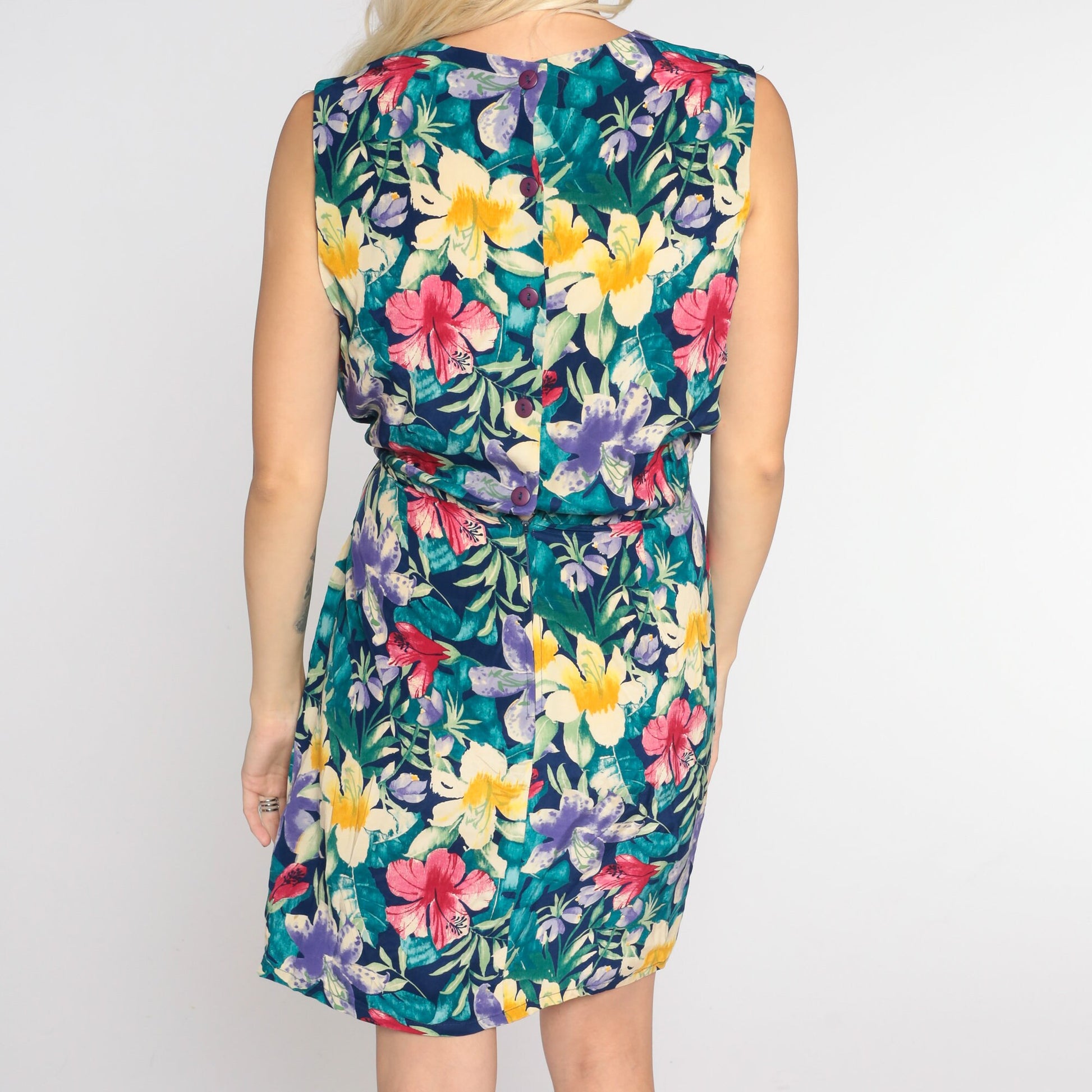 90s Tropical Floral Wrap Mini Dress Hibiscus Print Sleeveless XS