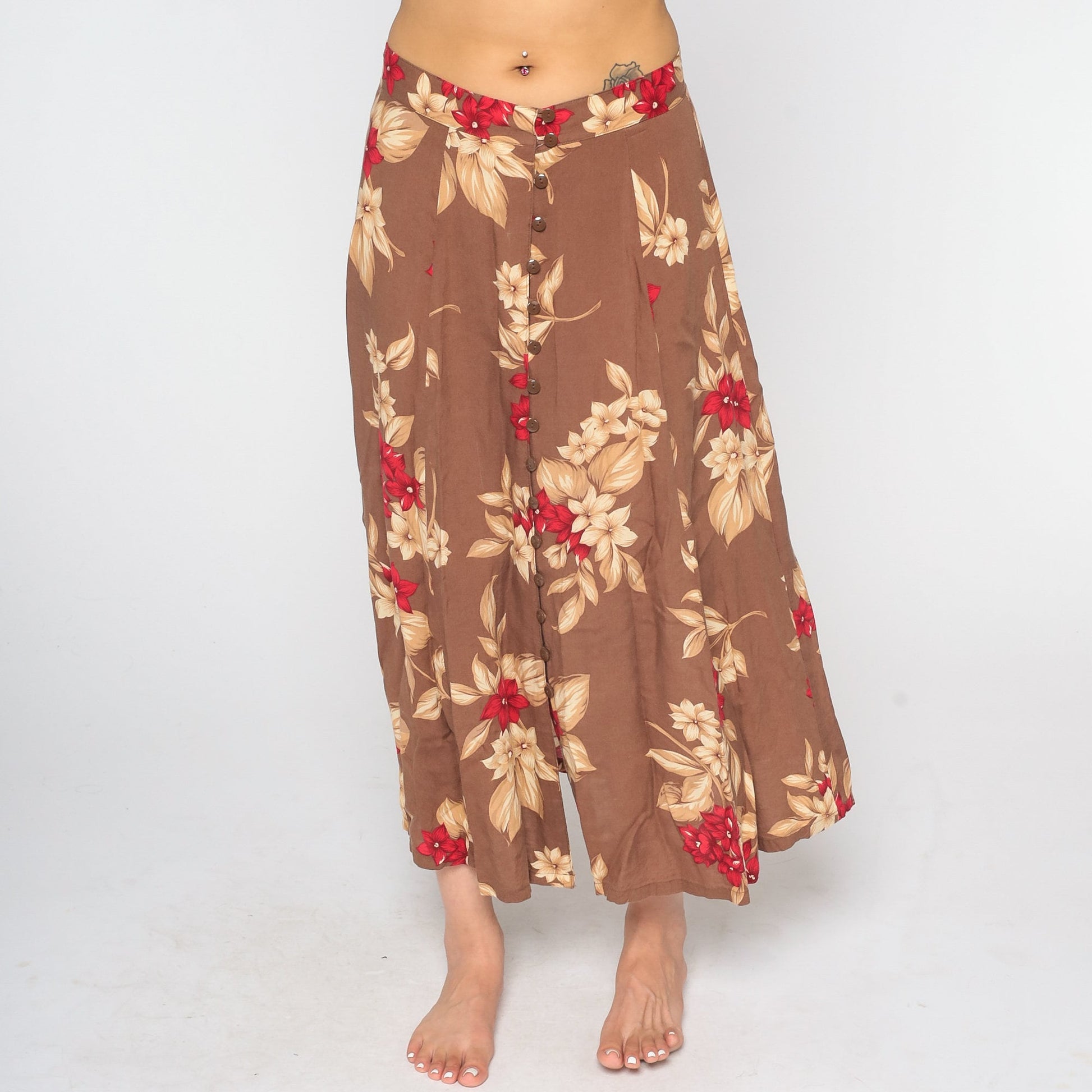 90s Brown Floral Button-Front Maxi Skirt Small Medium