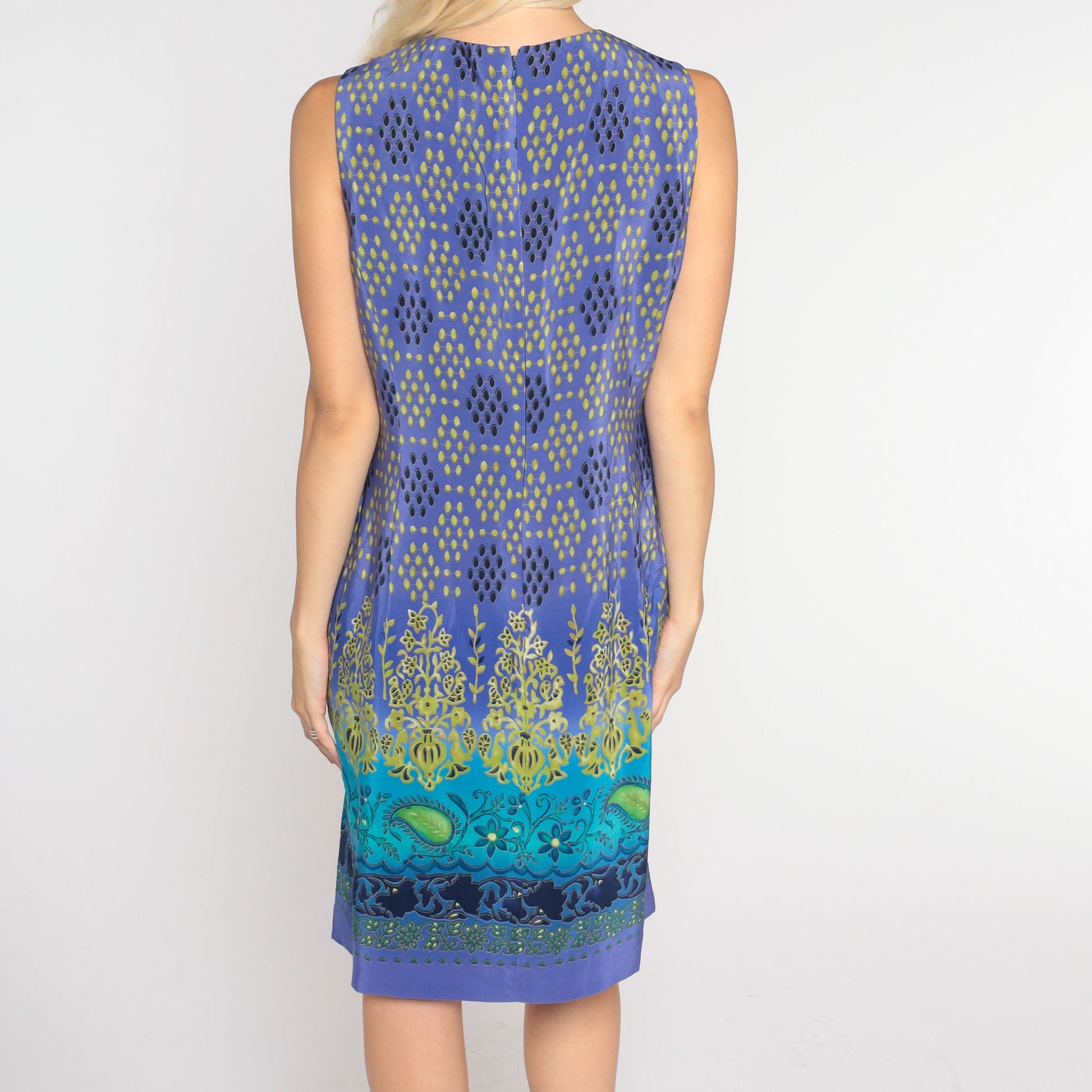 00s Purple Silk Mini Dress Paisley Floral Print Sheath Sleeveless Medium