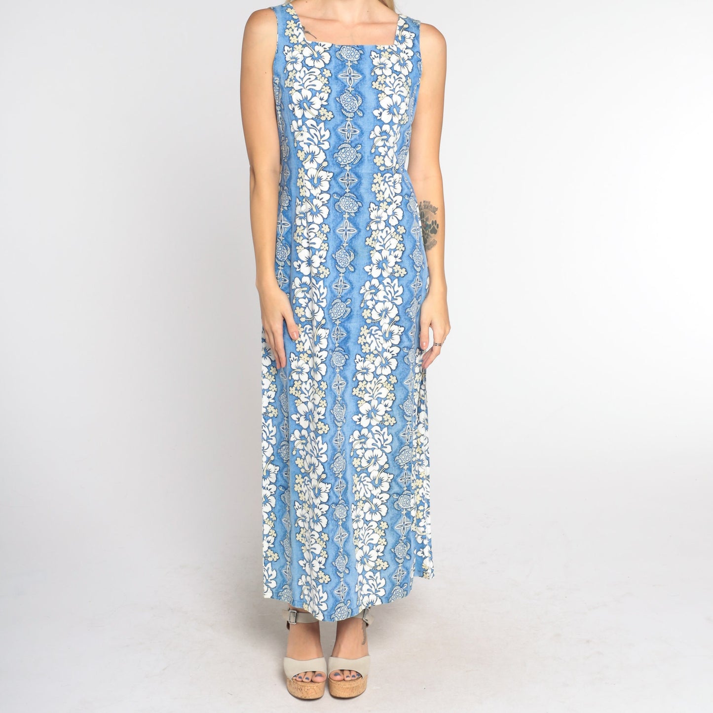 90s Blue Hawaiian Turtle Floral Midi Dress Sleeveless Extra Small XS