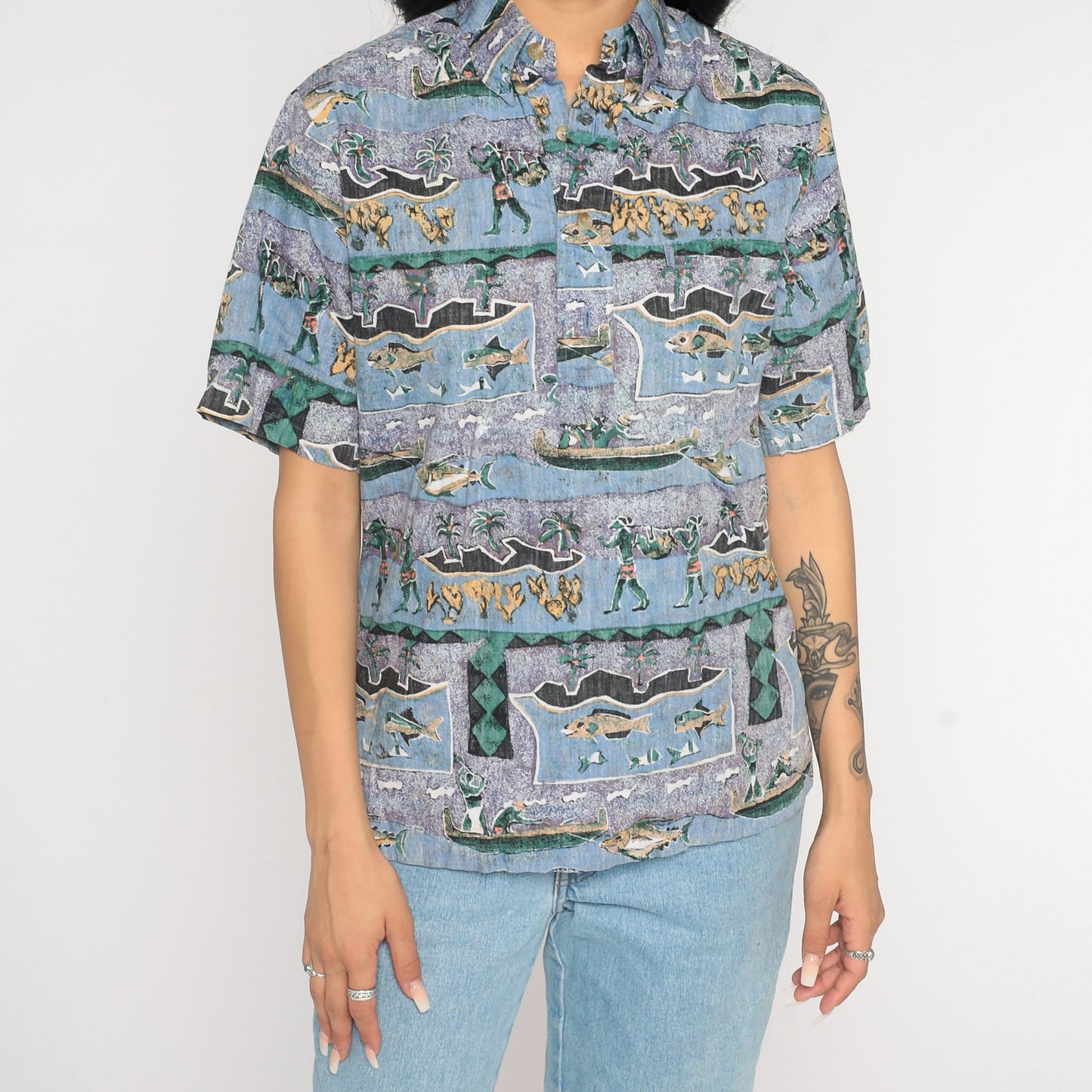 Y2K Tropical Fishing Island Print Button-Up Shirt Purple Blue Cotton Extra Small