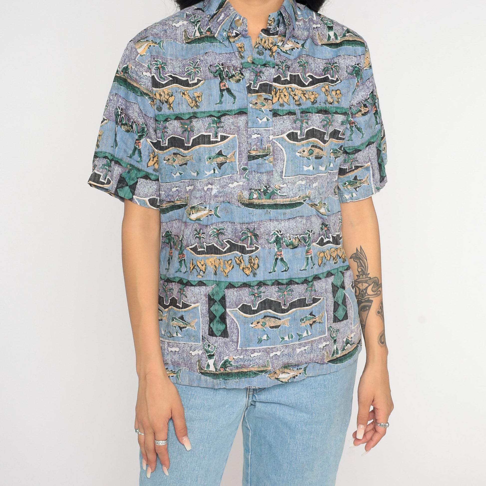 Y2K Tropical Fishing Island Print Button-Up Shirt Purple Blue Cotton Extra Small