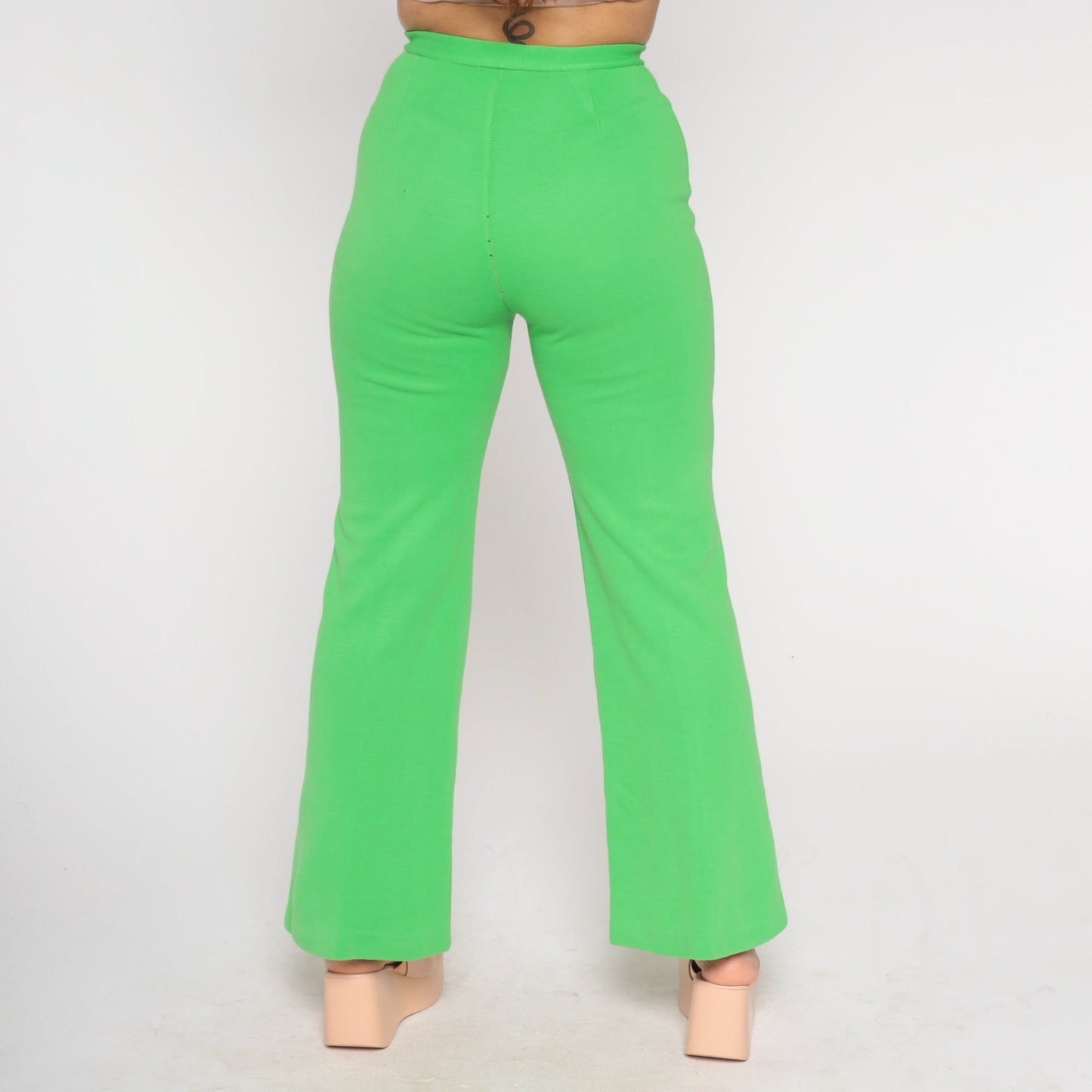 70s Lime Green Bell Bottom Pants High Waist Flared Trousers Small S