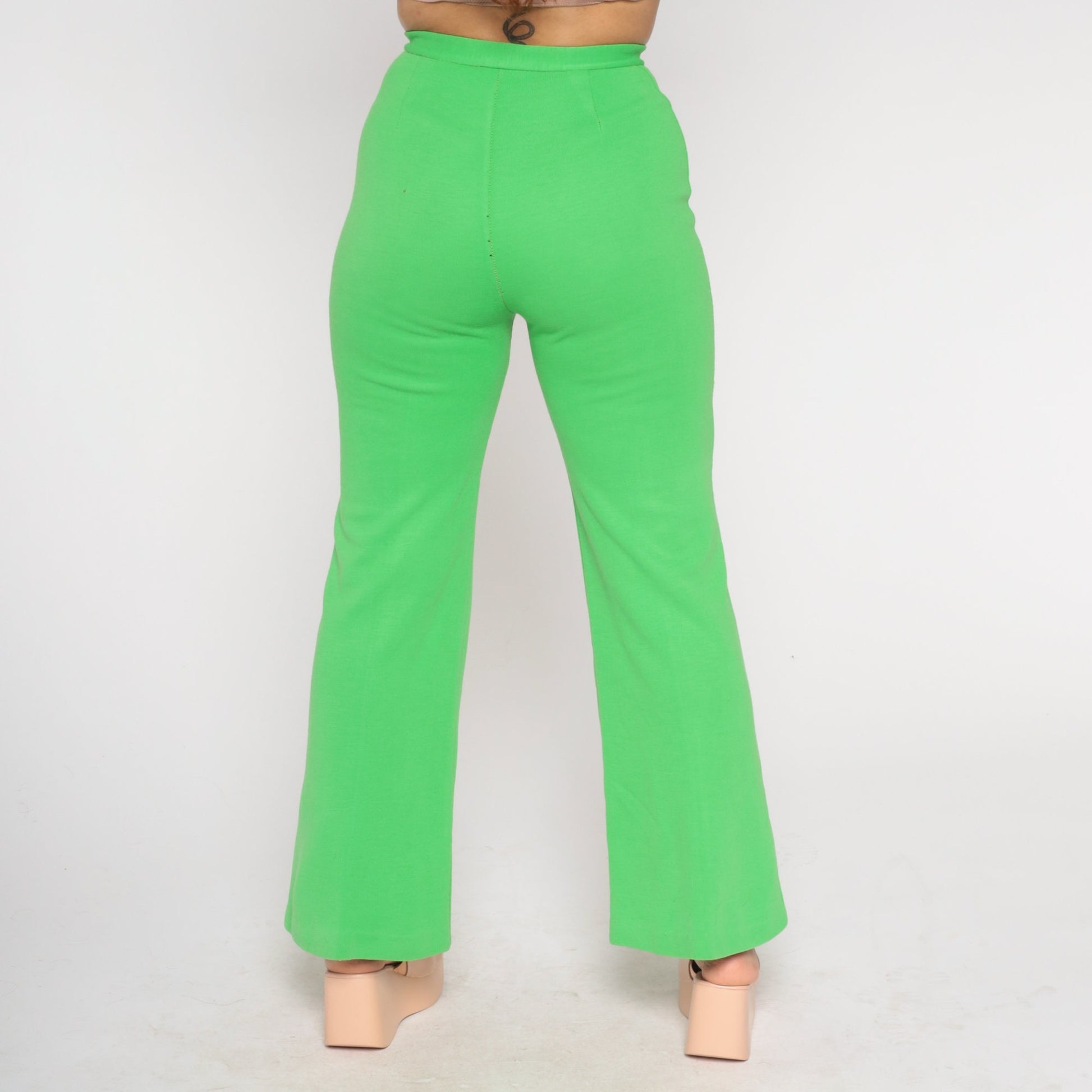 70s Lime Green Bell Bottom Pants High Waist Flared Trousers Small S