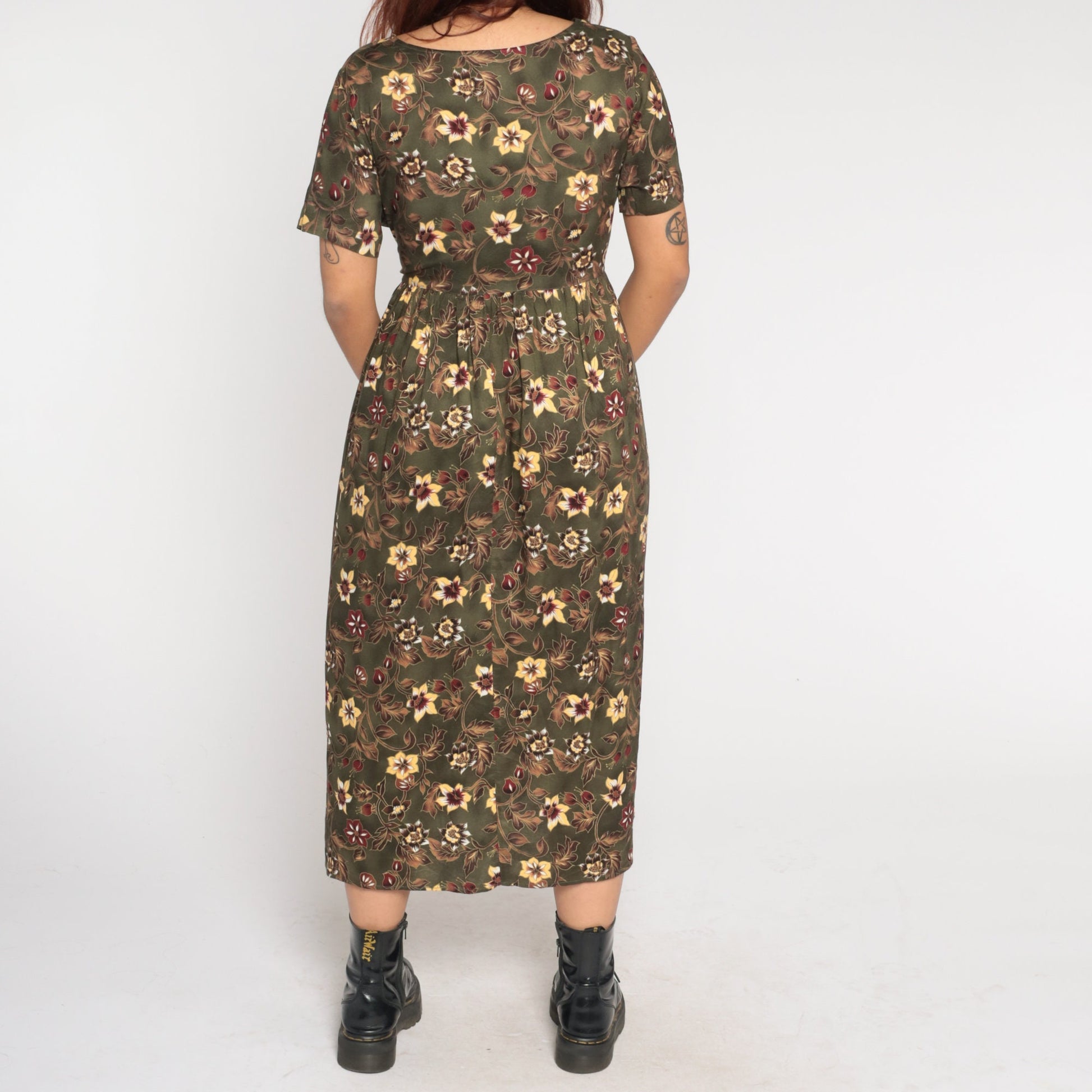90s Dark Green Floral Midi Dress High Waist Tie Belt Rayon Large L