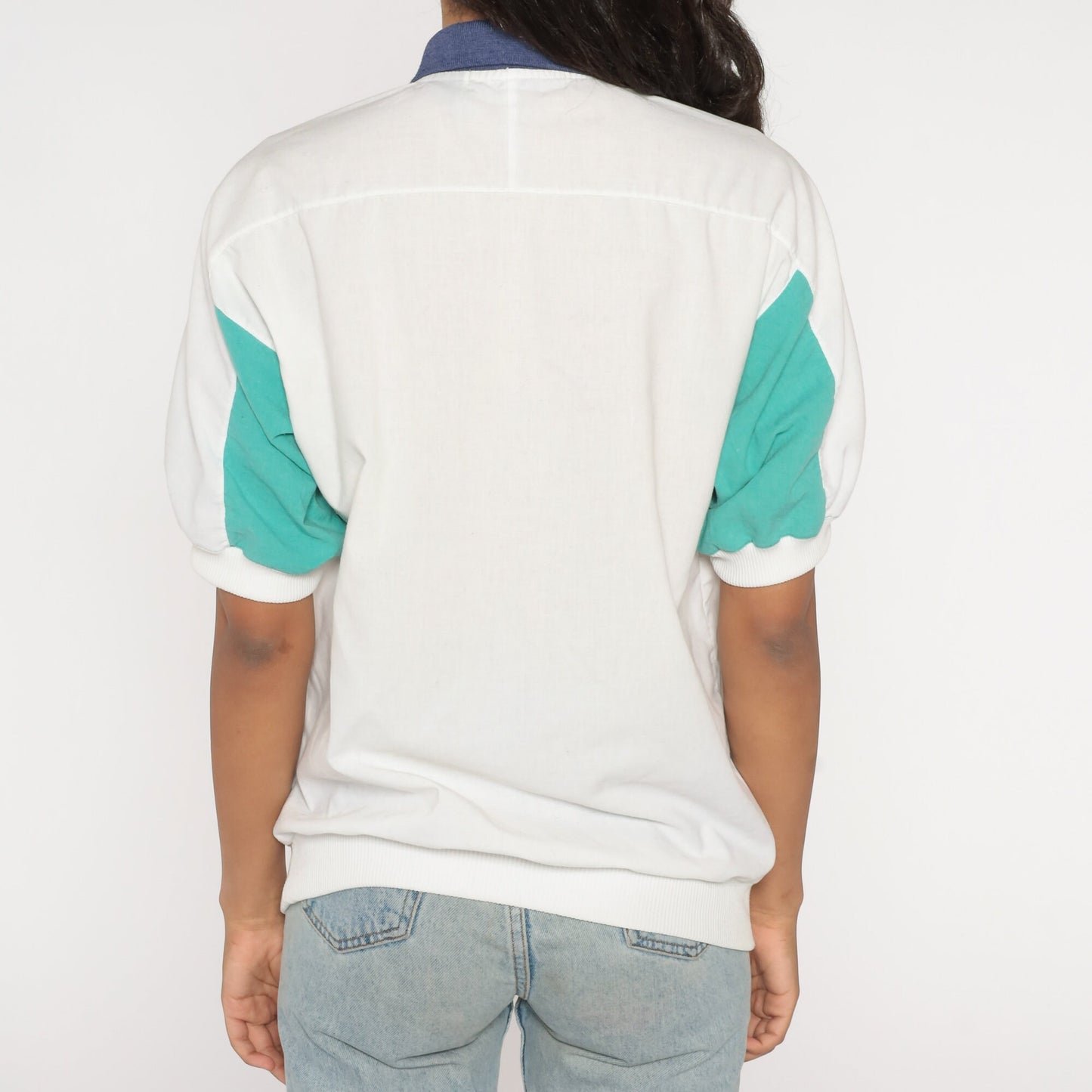 90s Striped Polo Shirt Collared Color Block Short Sleeve White Blue Green Men's Small