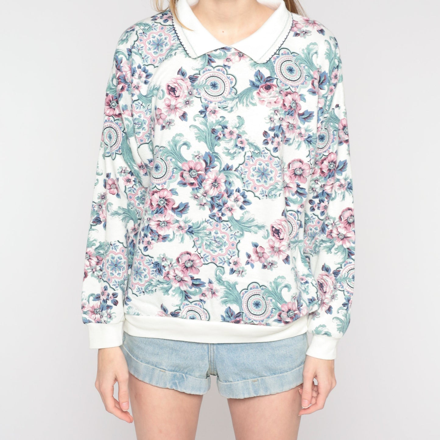 80s Floral Collared Sweatshirt All Over Print White Pink Green Extra Extra Large XXL