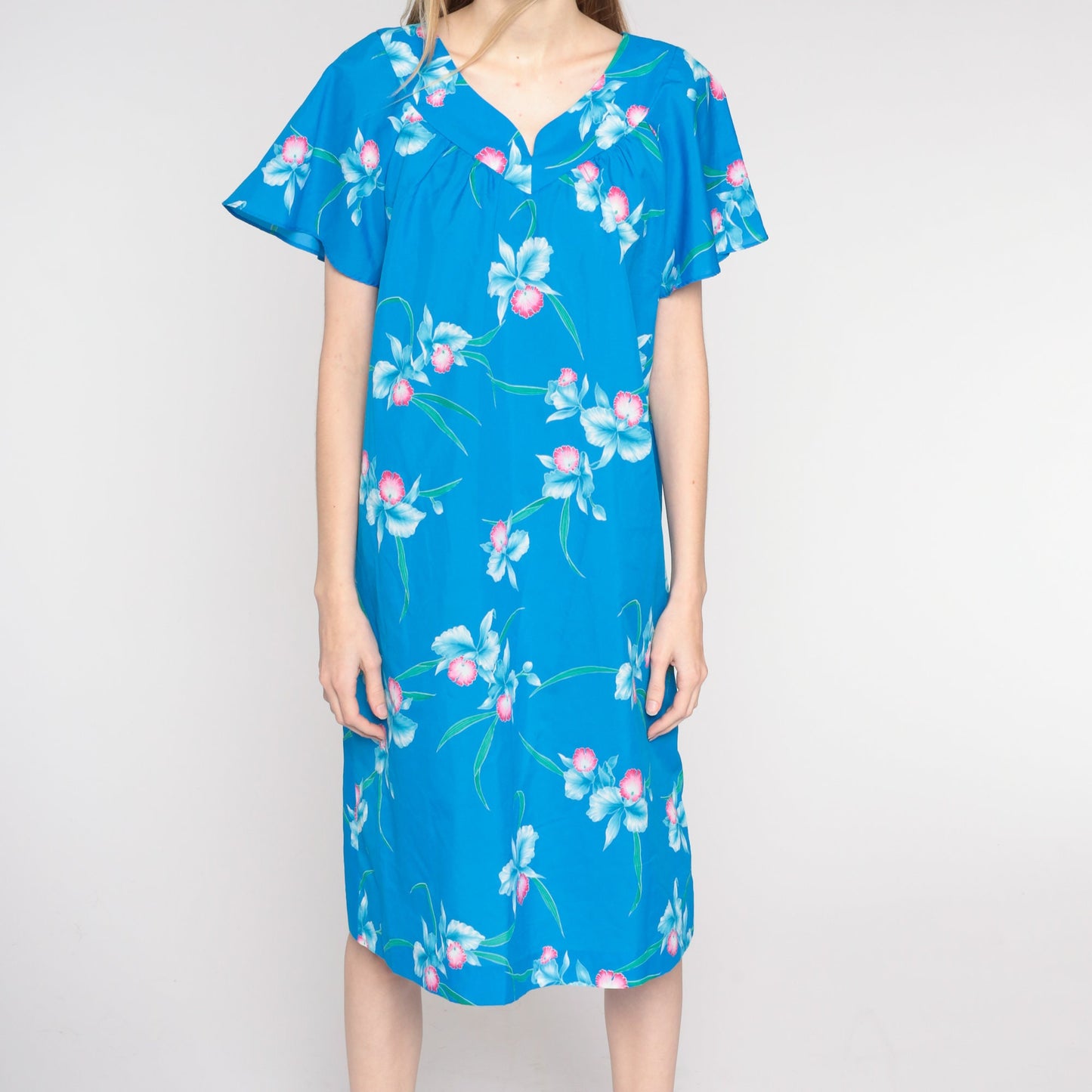 80s Blue Floral Shift Dress Flutter Sleeve Midi Large