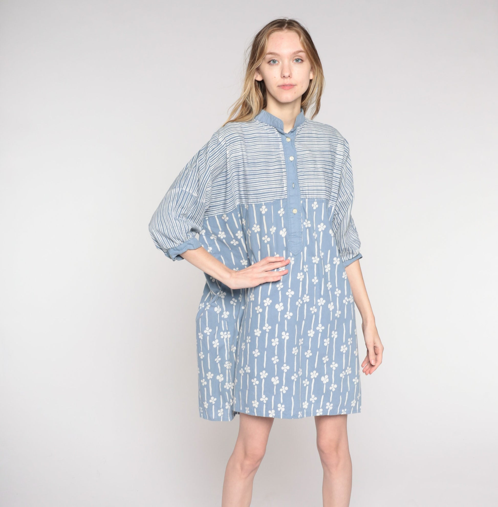 80s Striped Floral Shirtdress Blue Button-Up Mini Cotton Extra Large