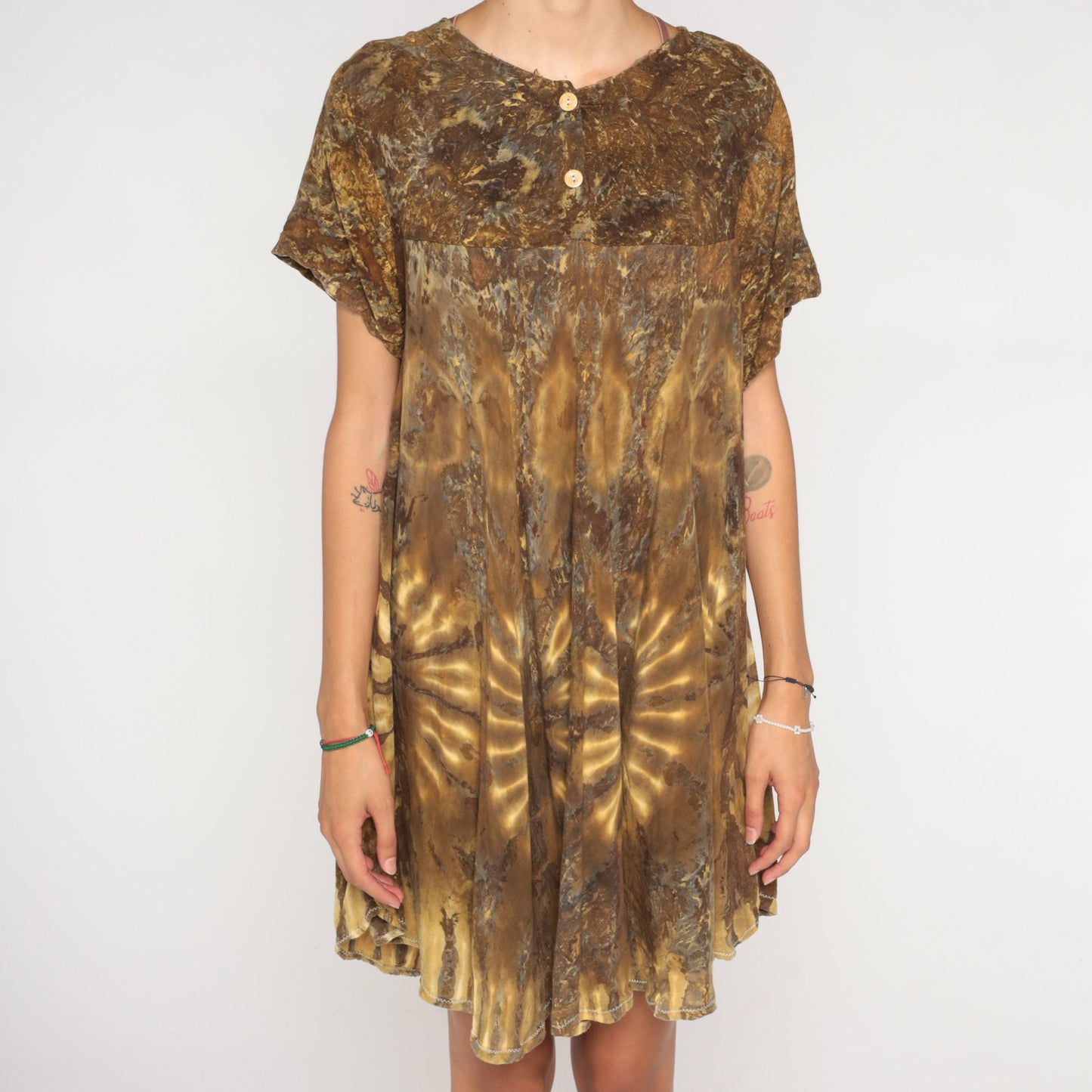 90s Tie Dye Mini Dress Brown Tent Cut Empire Waist Rayon Large