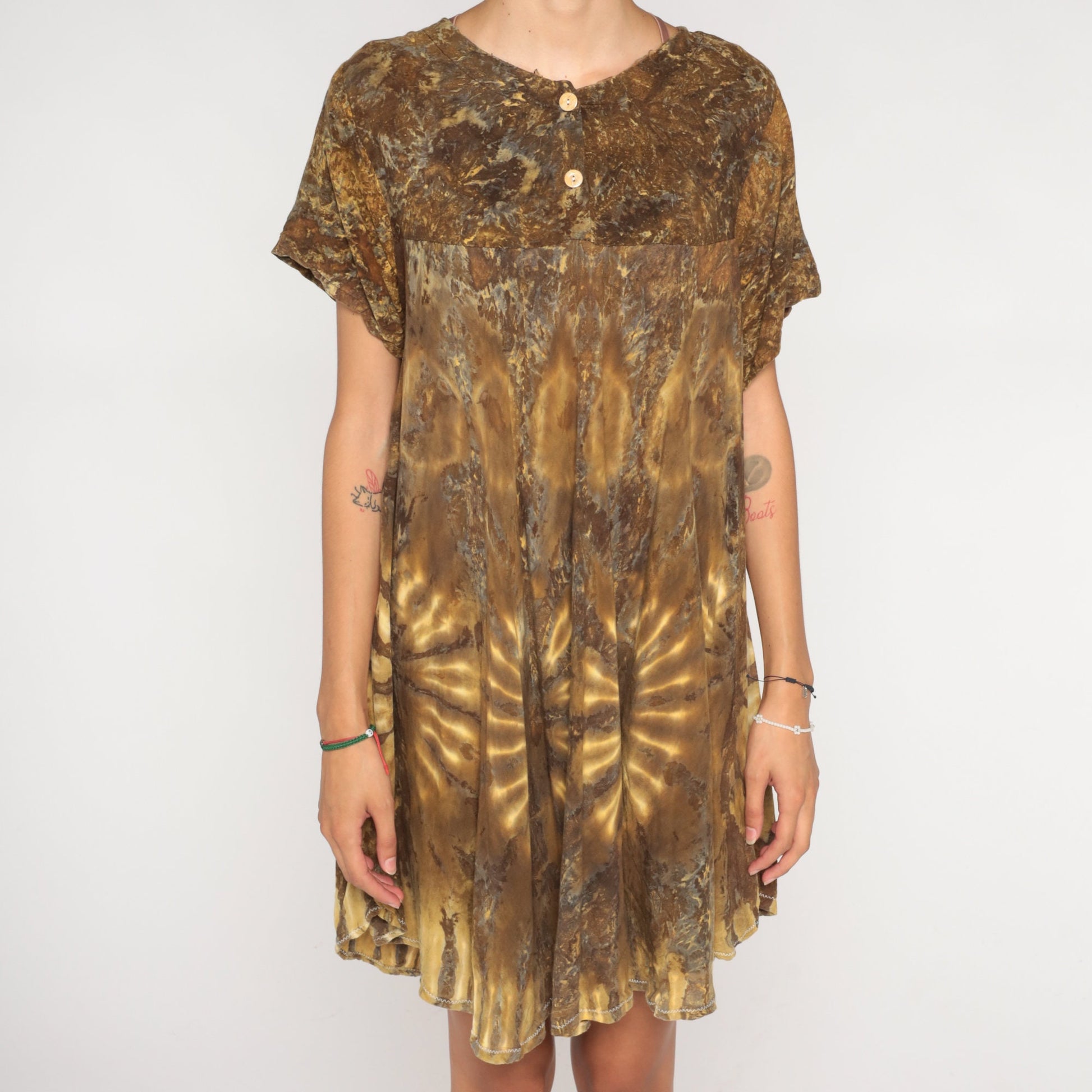 90s Tie Dye Mini Dress Brown Tent Cut Empire Waist Rayon Large