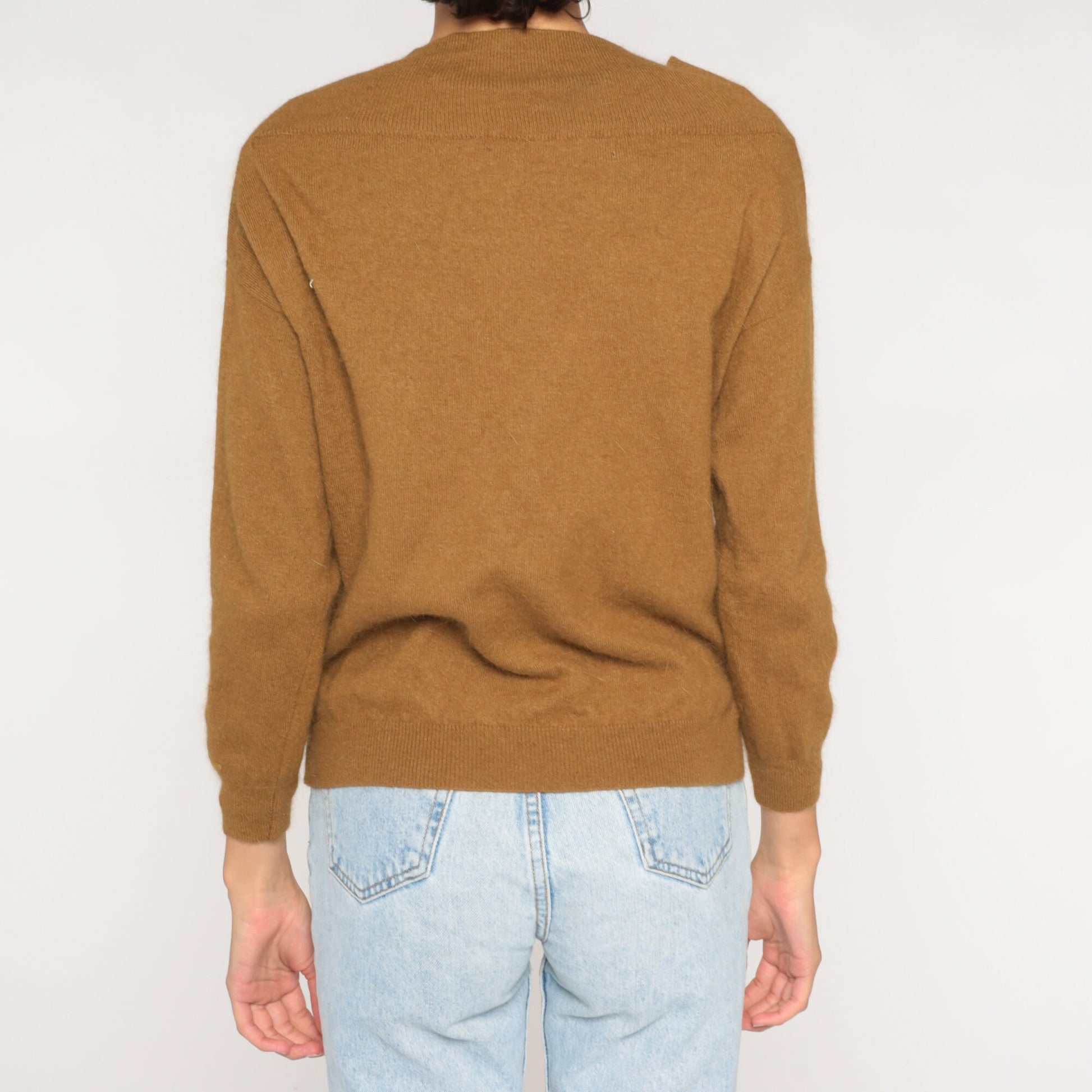 00s Brown Wool Sweater V-Neck Shawl Collar Pullover Small S