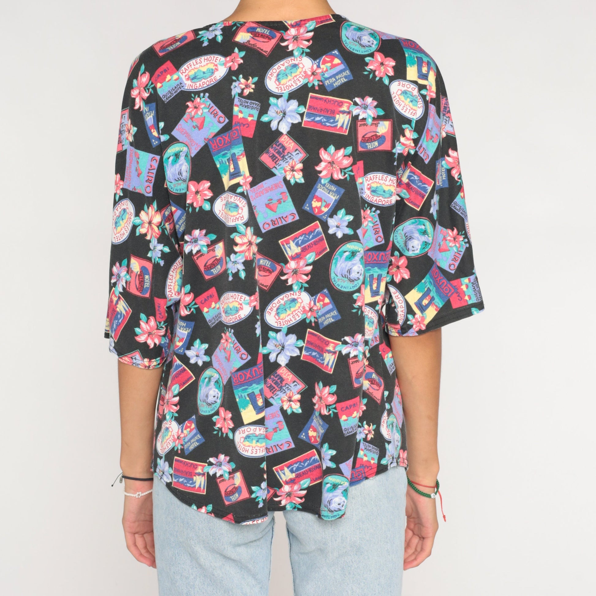 90s Tropical Travel Print Button-Up Shirt Black Graphic Blouse Extra Large