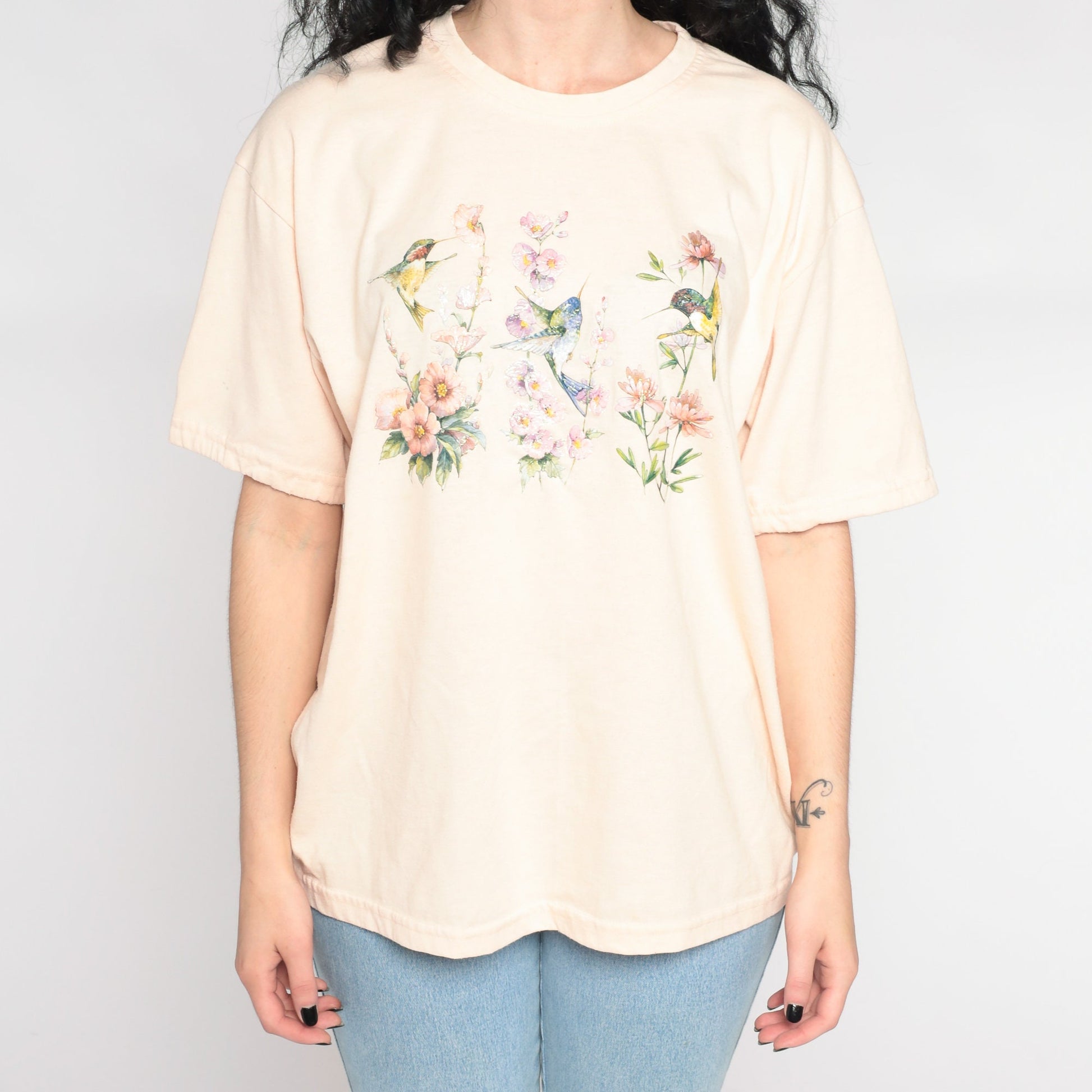 90s Hummingbird Glitter Graphic T-Shirt Floral Beige Extra Large XL