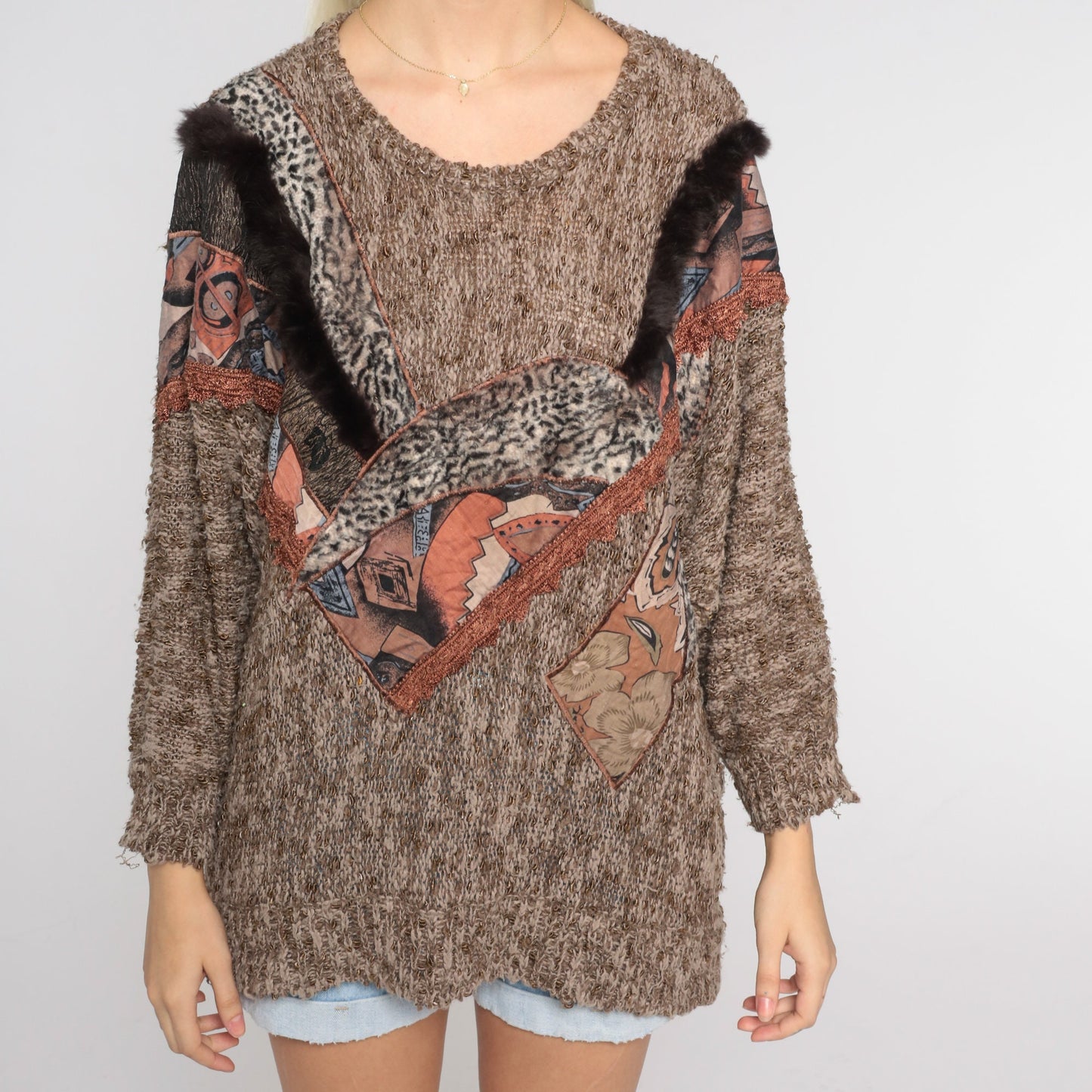 90s Animal Print Patchwork Knit Sweater Brown Leopard Floral Faux Fur Large L