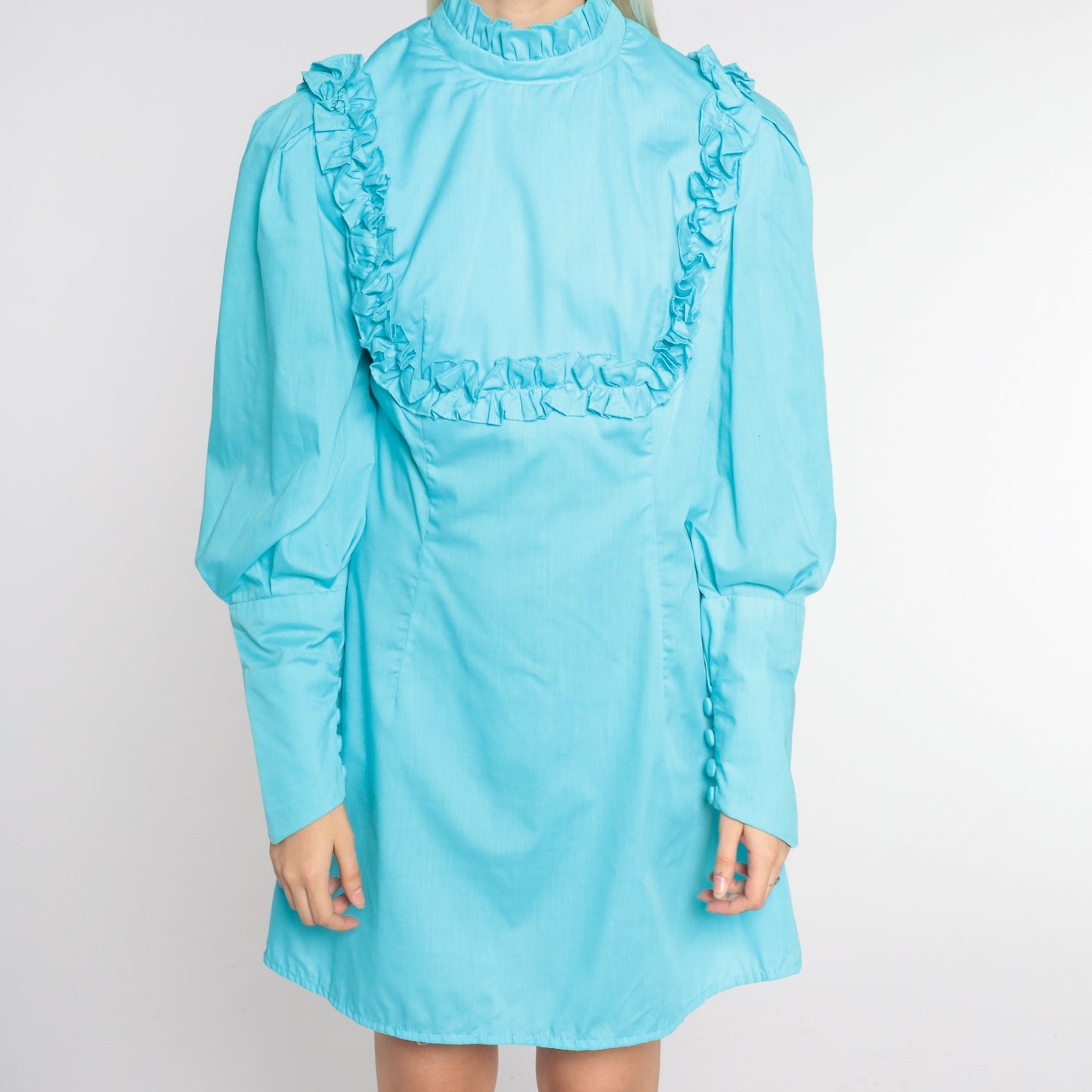 70s Blue Babydoll Mini Dress Empire Waist High Neck Puff Sleeve Small Medium