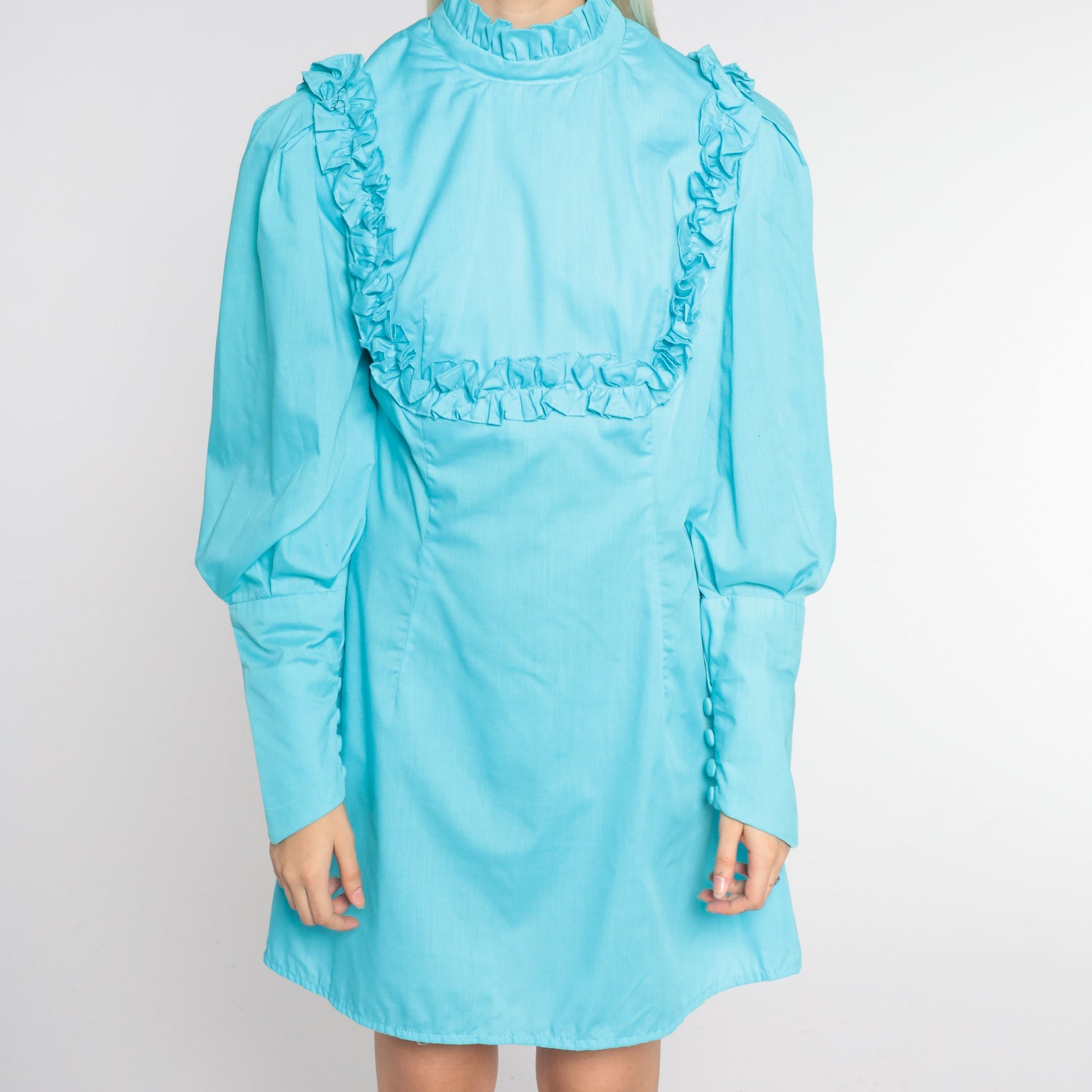 70s Blue Babydoll Mini Dress Empire Waist High Neck Puff Sleeve Small Medium