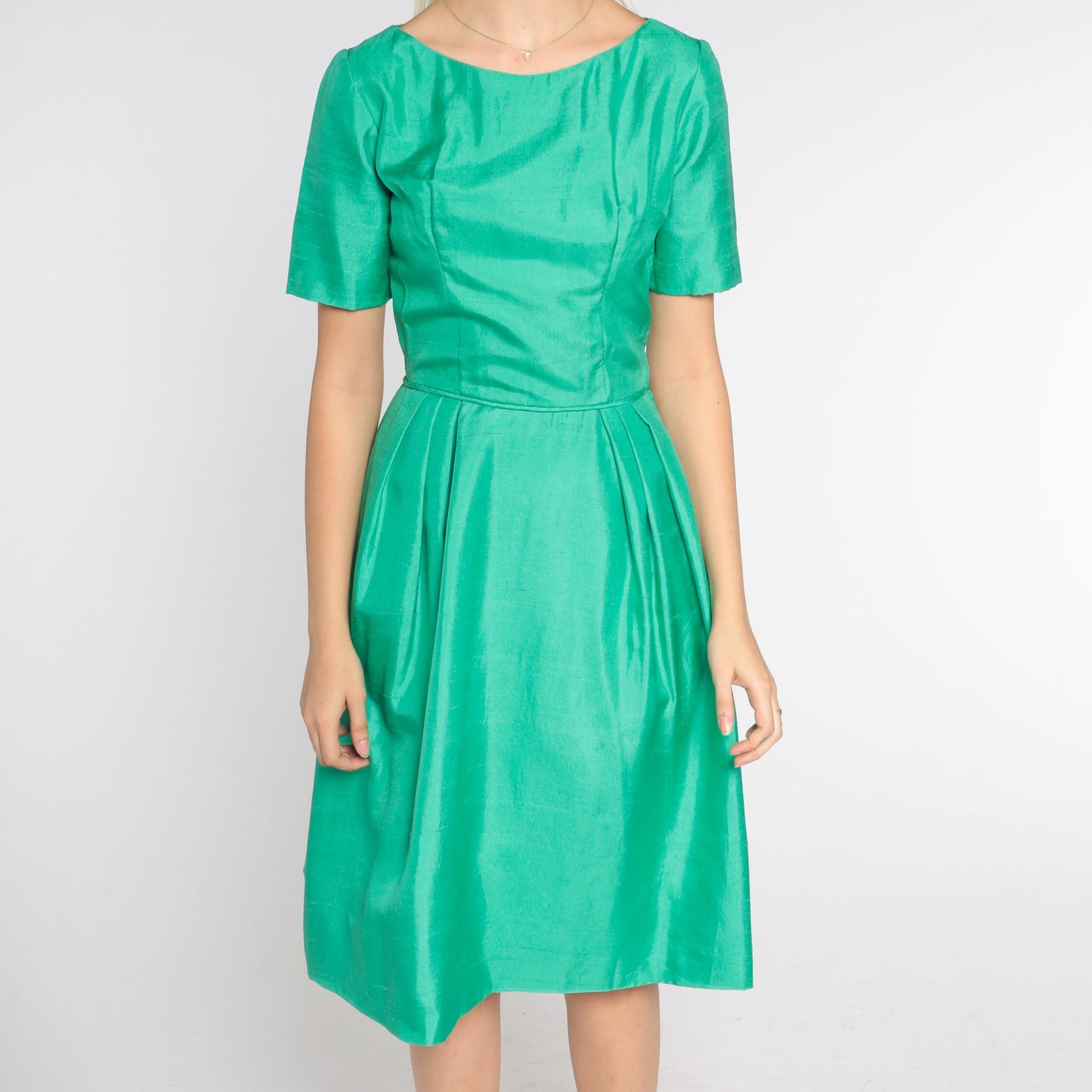 60s Green Knee-Length Dress High Waist A-Line Short Sleeve Extra Small