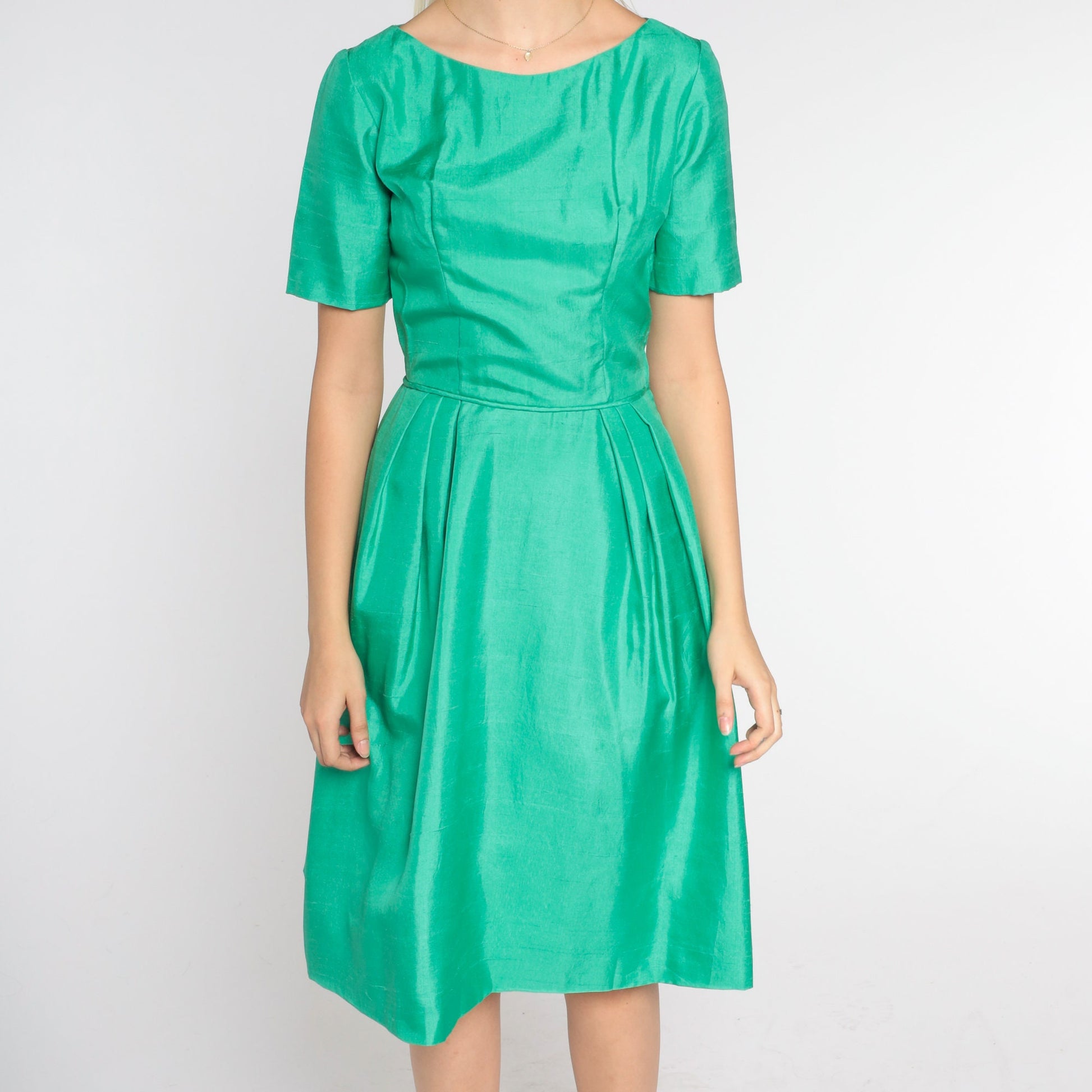 60s Green Knee-Length Dress High Waist A-Line Short Sleeve Extra Small