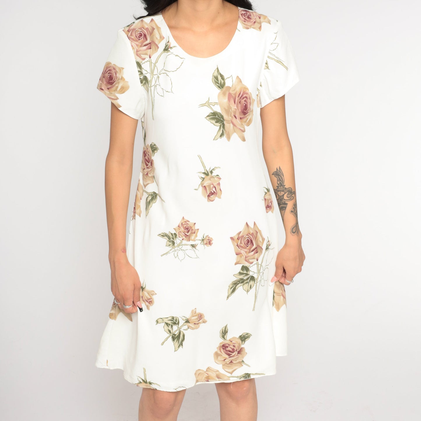 90s Jessica Howard Rose Print Mini Dress White Floral Short Sleeve Large L