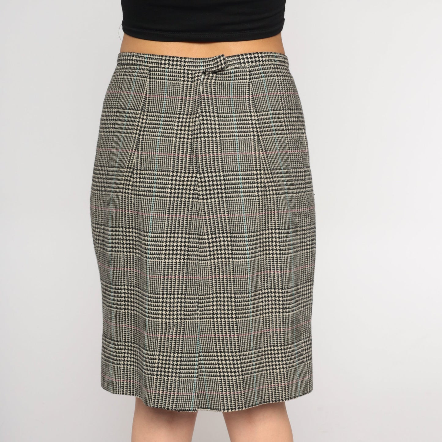 60s Houndstooth Wool Pencil Skirt High Waisted Mini Checkered Small