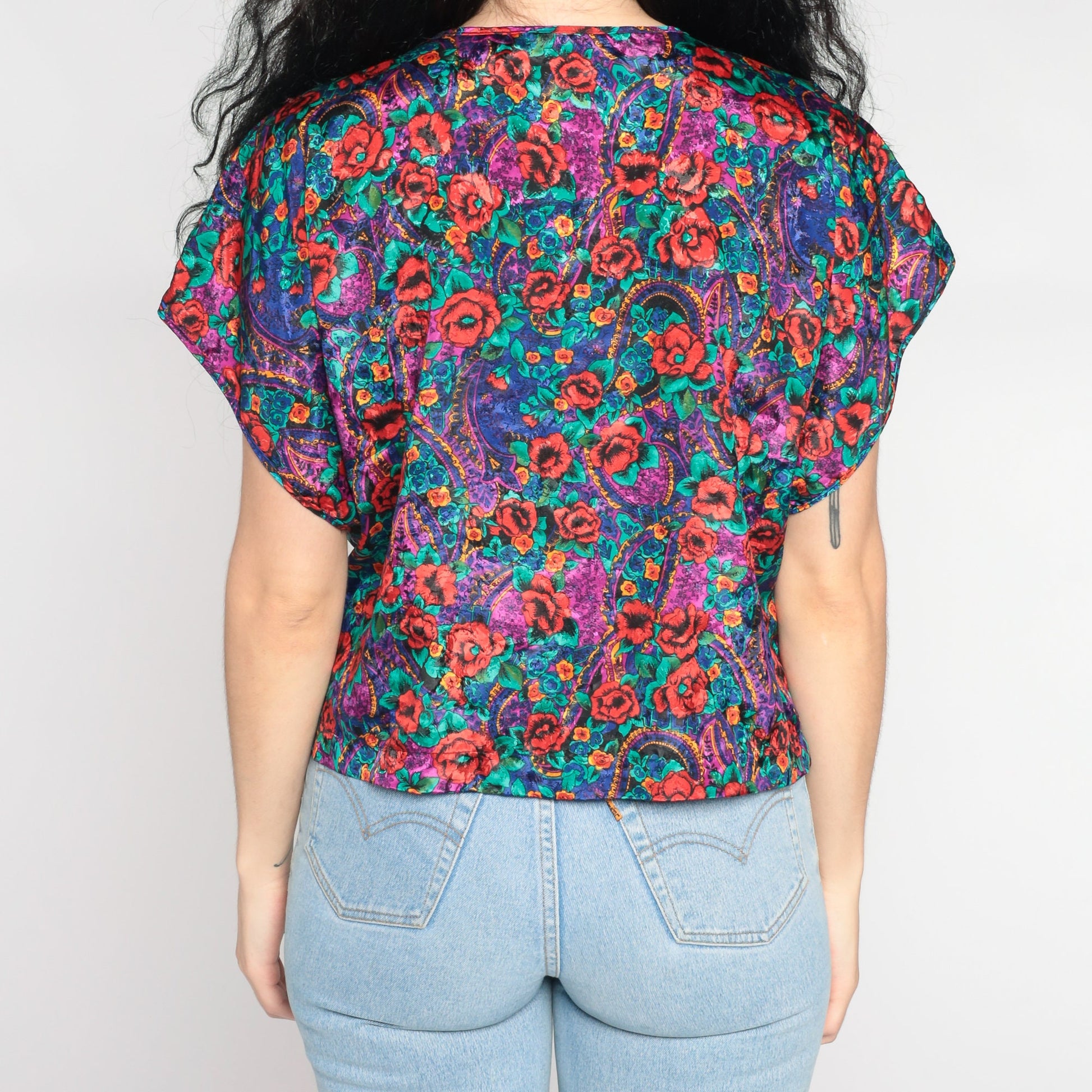 90s Embossed Paisley Floral Satin Pajama Top Button-Up Sleep Shirt Large L
