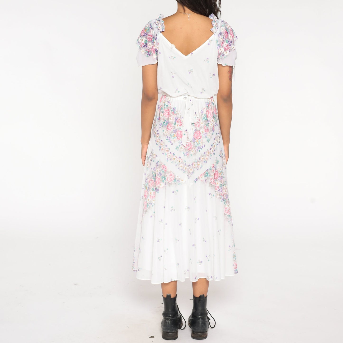 70s Floral Midi Dress White Print Flutter Sleeve Tie Waist Small Medium