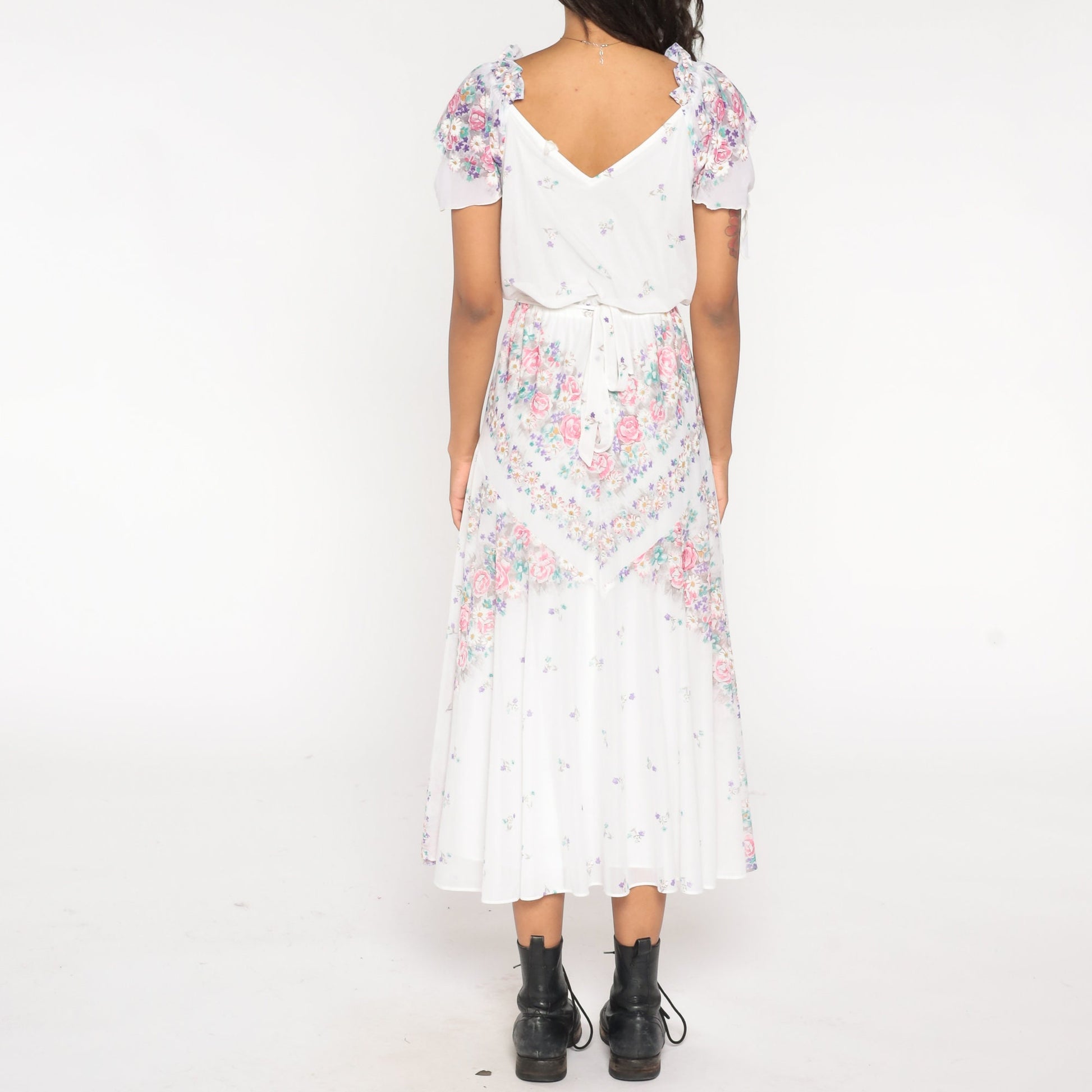 70s Floral Midi Dress White Print Flutter Sleeve Tie Waist Small Medium