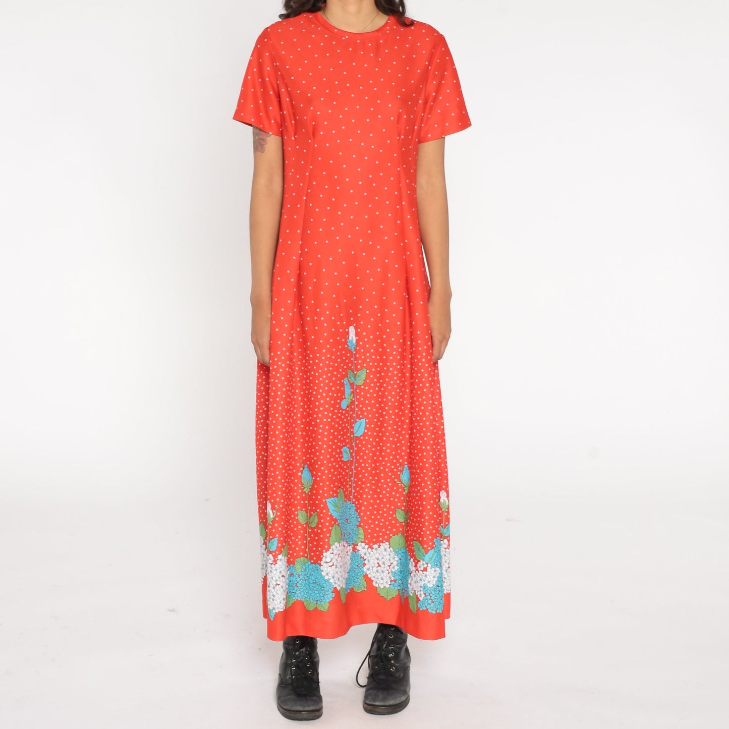 70s Red Floral Hydrangea Dot Print Maxi Dress Jacket Two Piece Set Large L