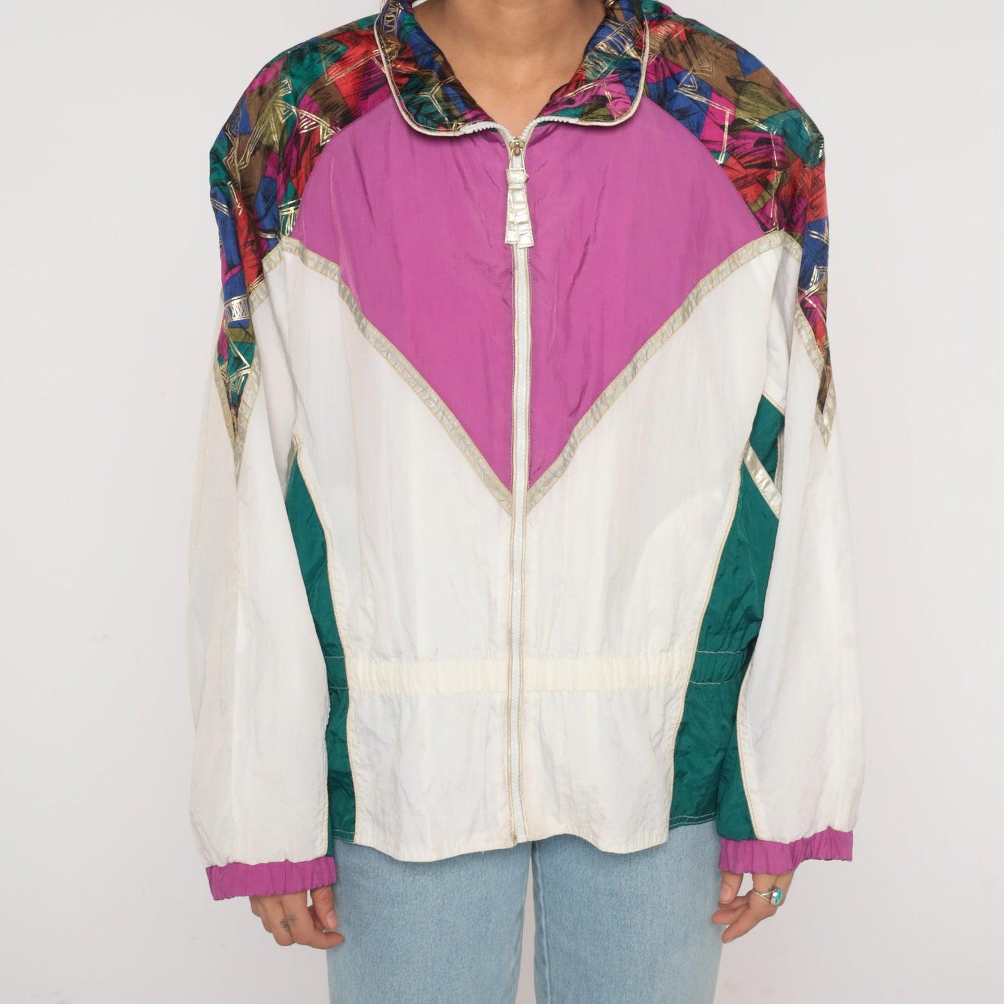 90s Color Block Windbreaker Zip Up Jacket Purple White Green Abstract Nylon Large