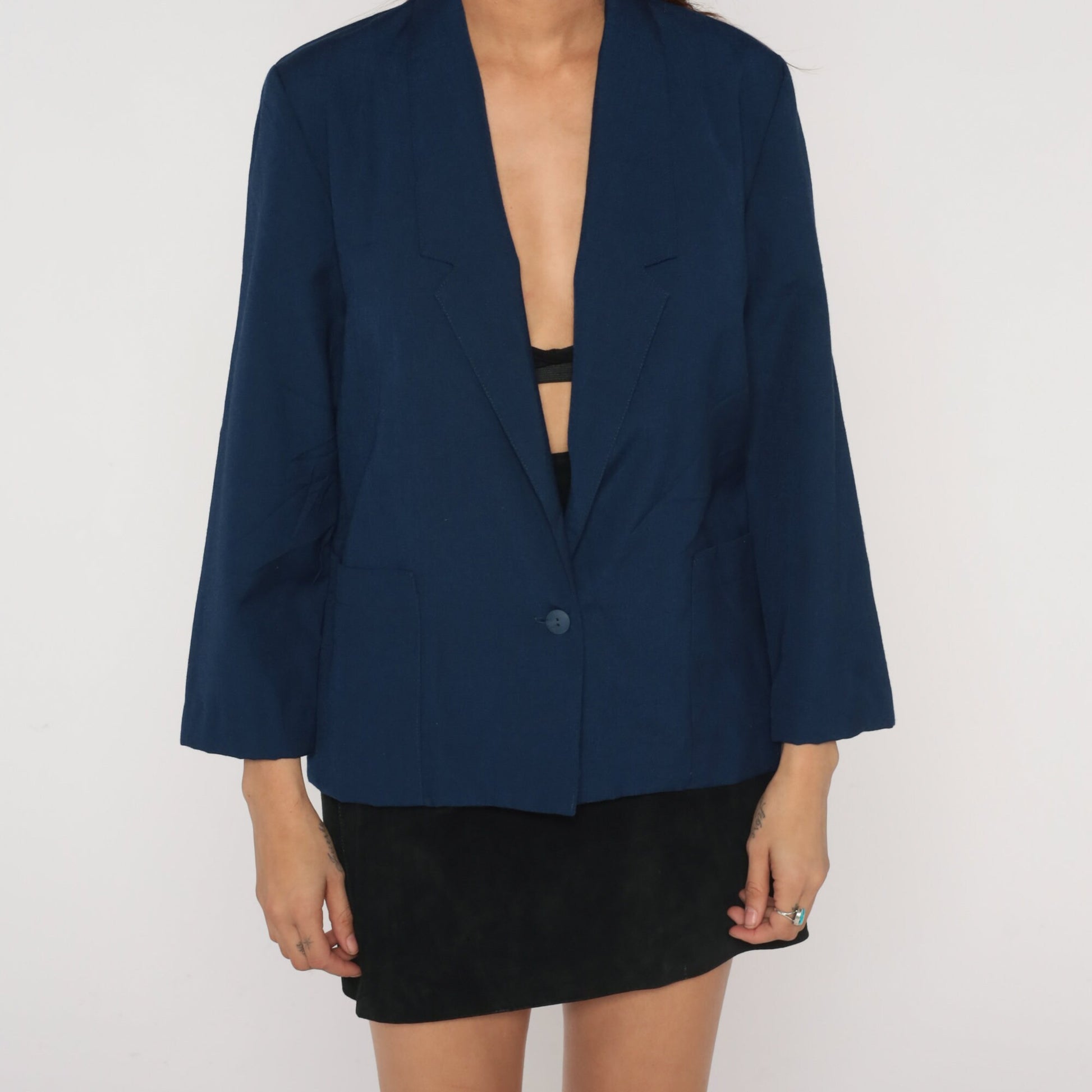 90s Navy Blazer Button-Up Jacket Structured Single-Breasted Small