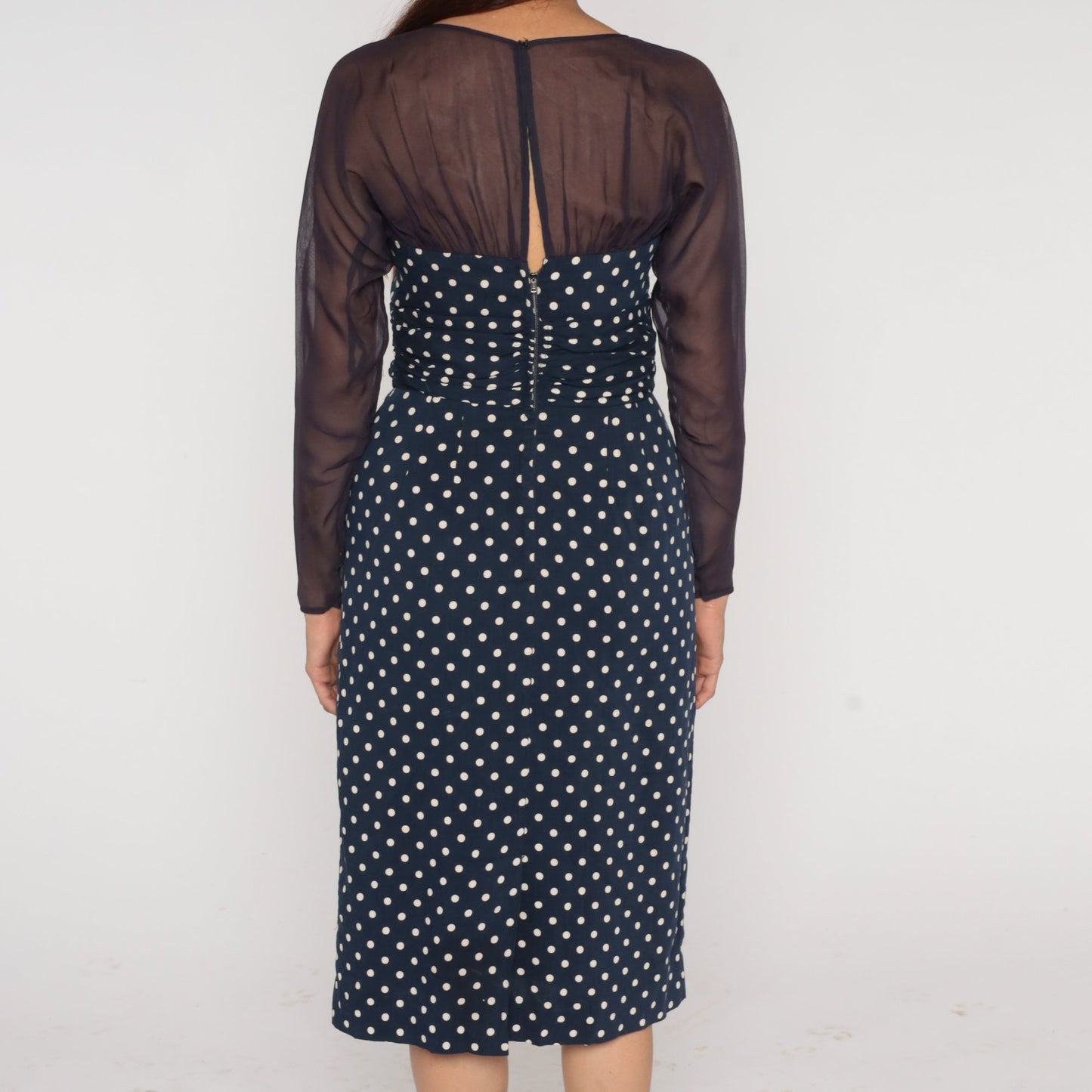 1960s Navy Polka Dot Midi Pencil Dress Sheer Sleeve Keyhole Small