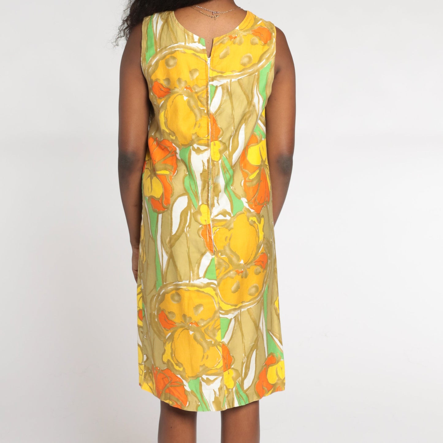 60s Mod Floral Shift Dress Knee Length Orange Green Tan Cotton Small