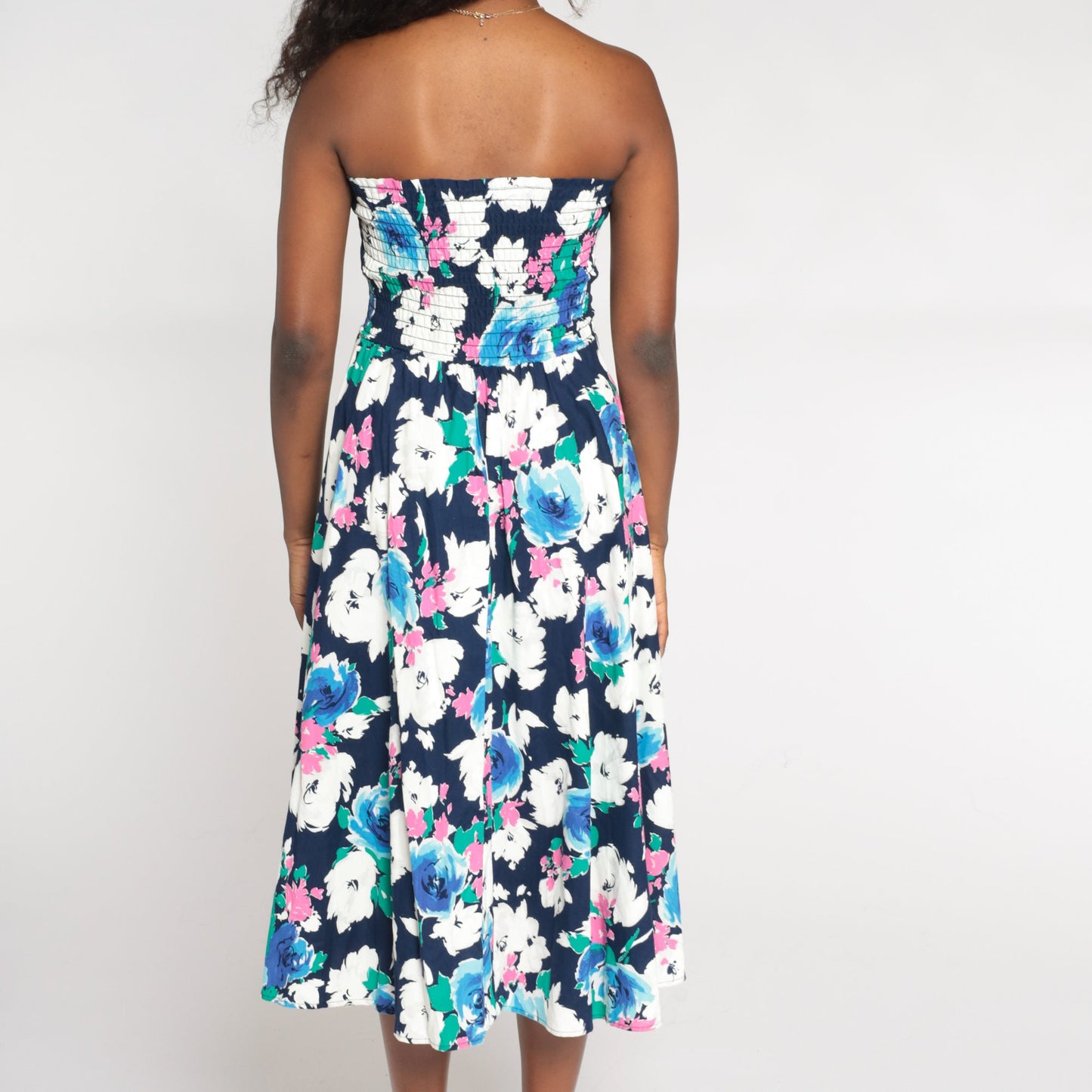 80s Floral Strapless Midi Dress Smocked Sweetheart Neckline Navy Rose Print Medium
