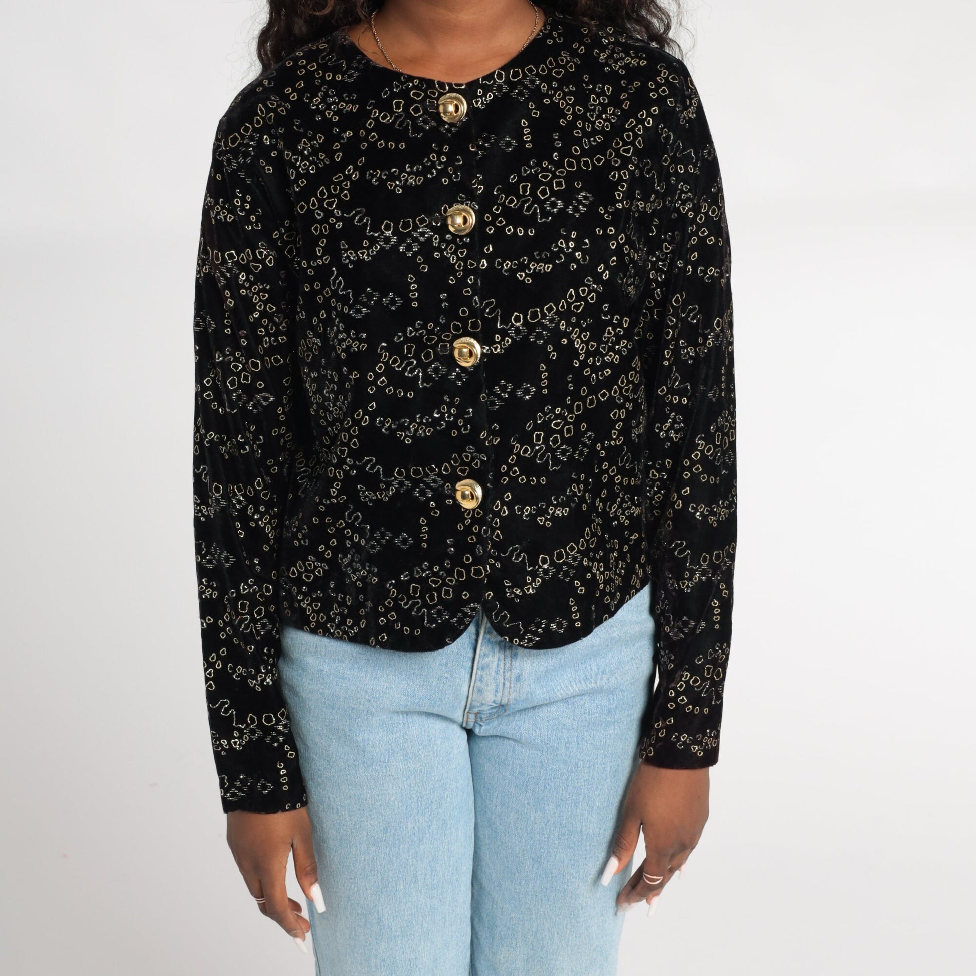 80s Black Velvet Blazer Gold Abstract Metallic Button-Up Medium M