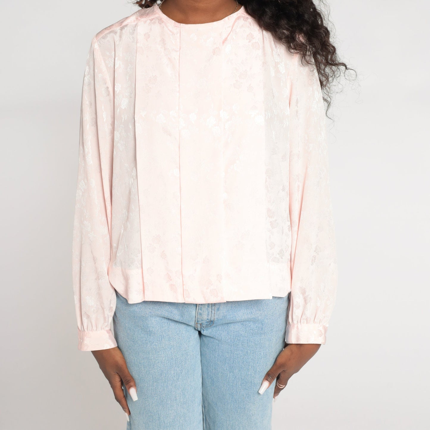 90s Baby Pink Embossed Floral Blouse Pleated Long Sleeve Large