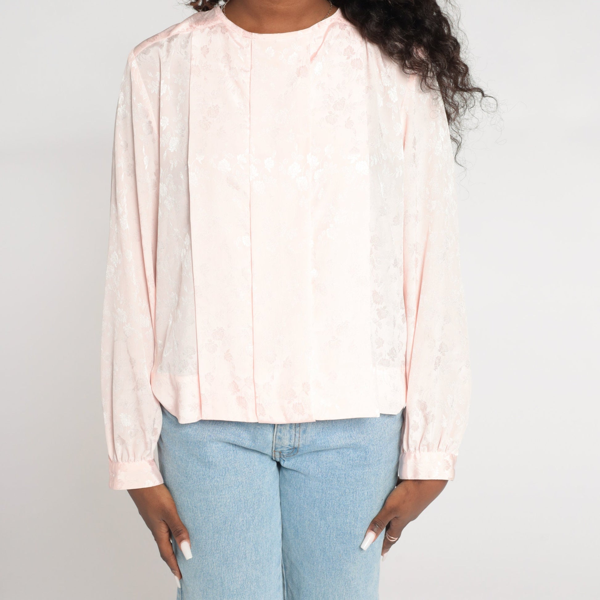 90s Baby Pink Embossed Floral Blouse Pleated Long Sleeve Large
