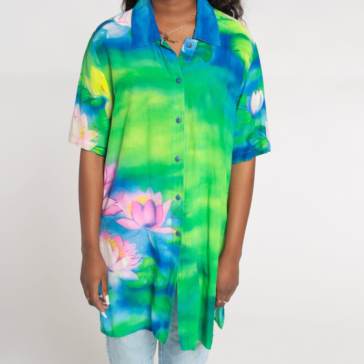 Y2K Water Lily Floral Button Up Blouse Blue Green Pink Short Sleeve Medium Large