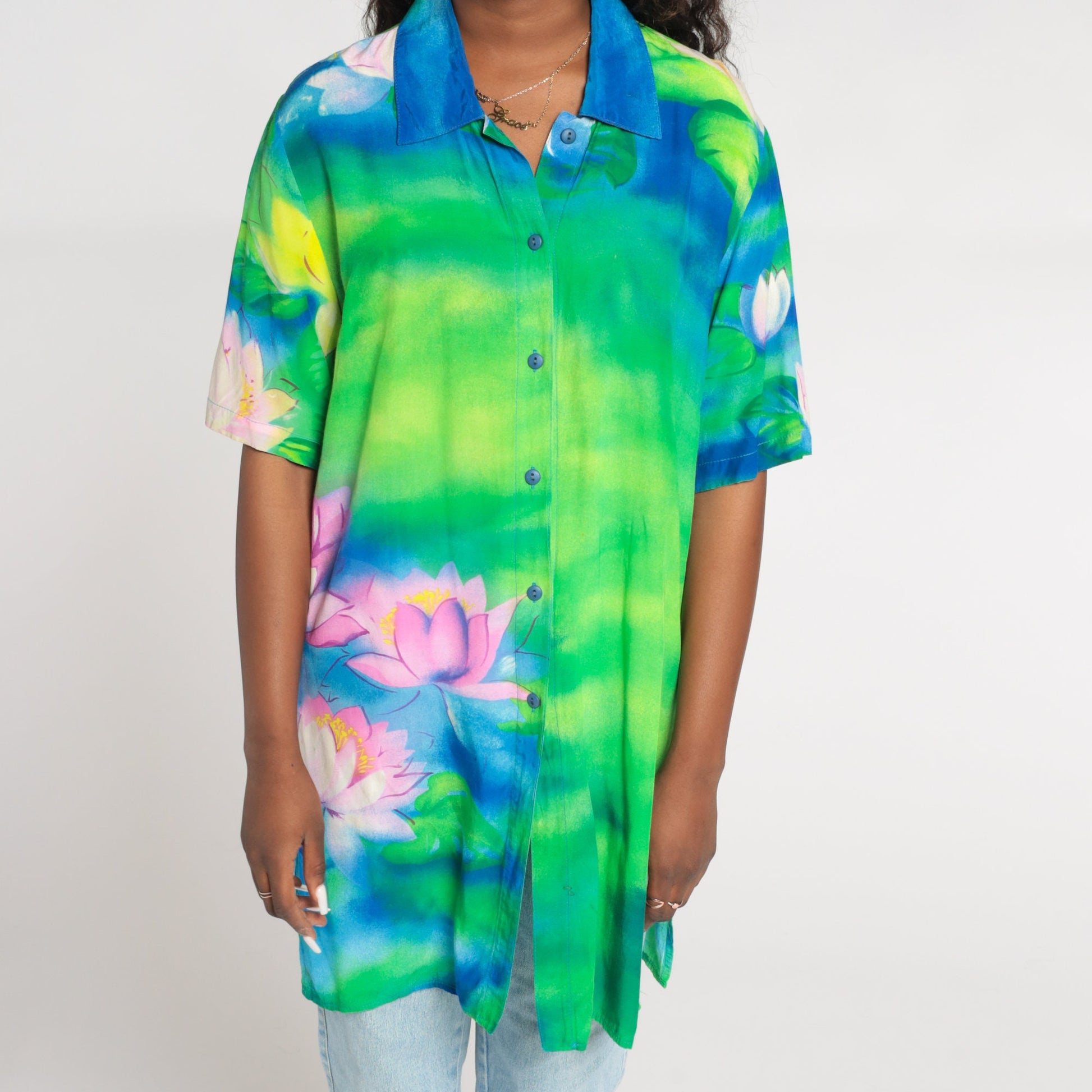 Y2K Water Lily Floral Button Up Blouse Blue Green Pink Short Sleeve Medium Large
