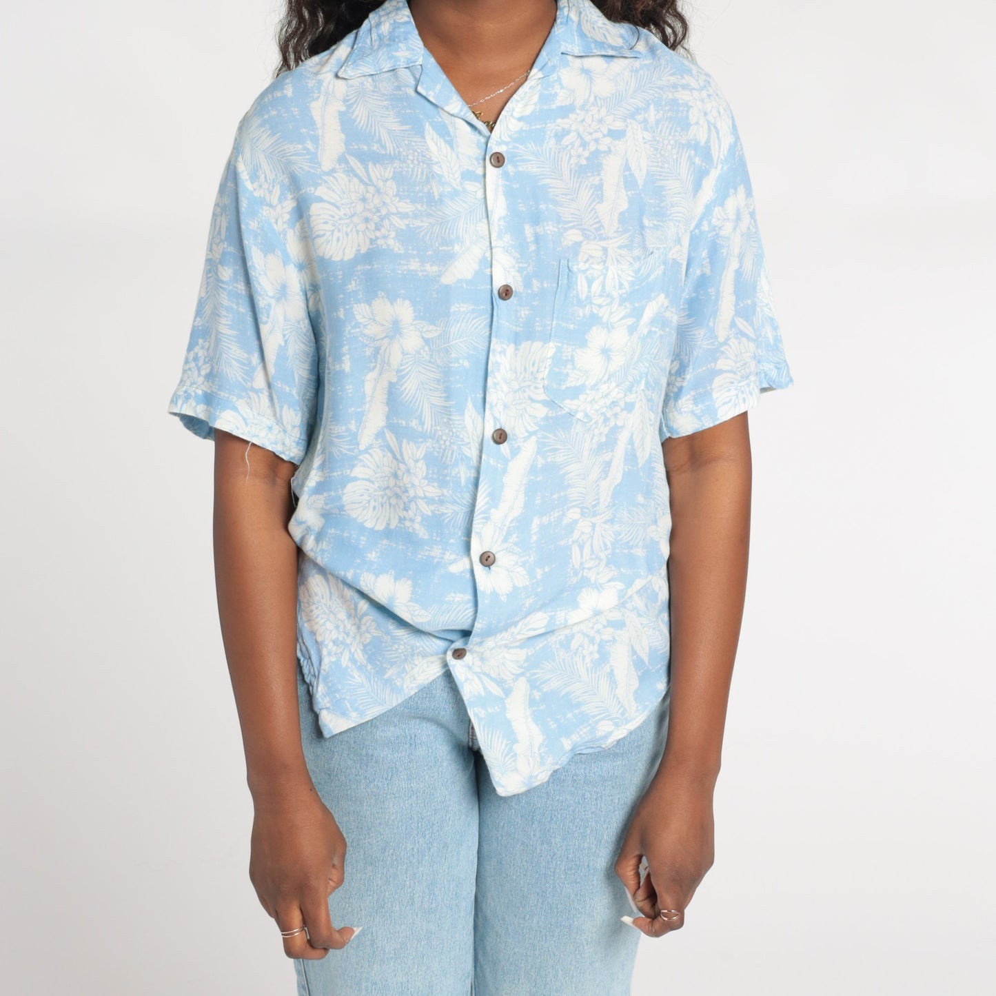 Y2K Blue Hawaiian Shirt Tropical Floral Leaf Print Button Up Small S