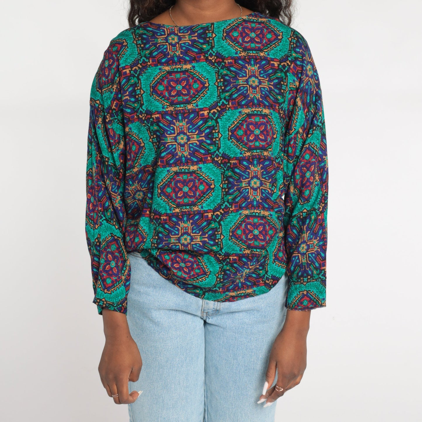 90s Geometric Tile Print Rayon Blouse Long Sleeve Medallion Top Medium