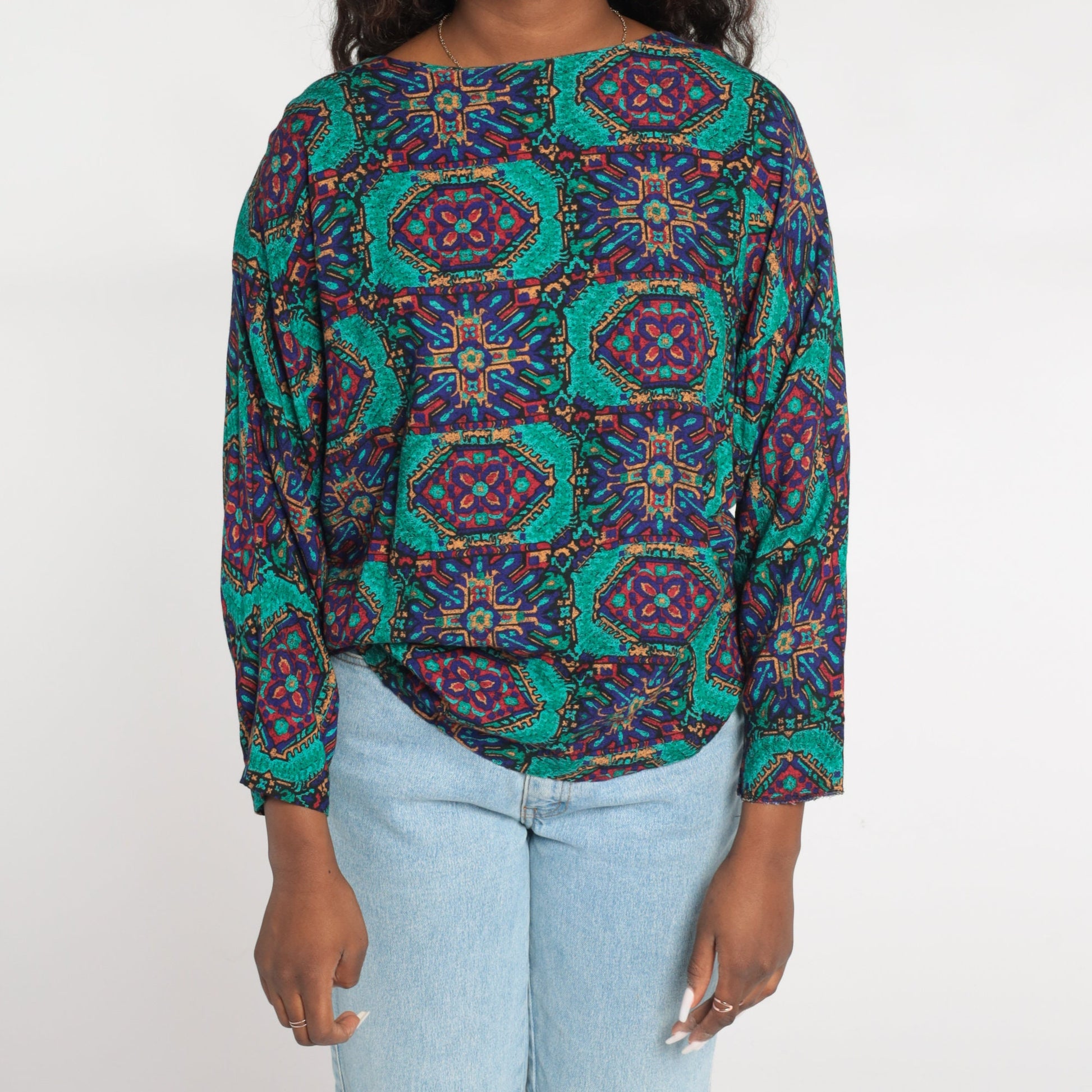90s Geometric Tile Print Rayon Blouse Long Sleeve Medallion Top Medium