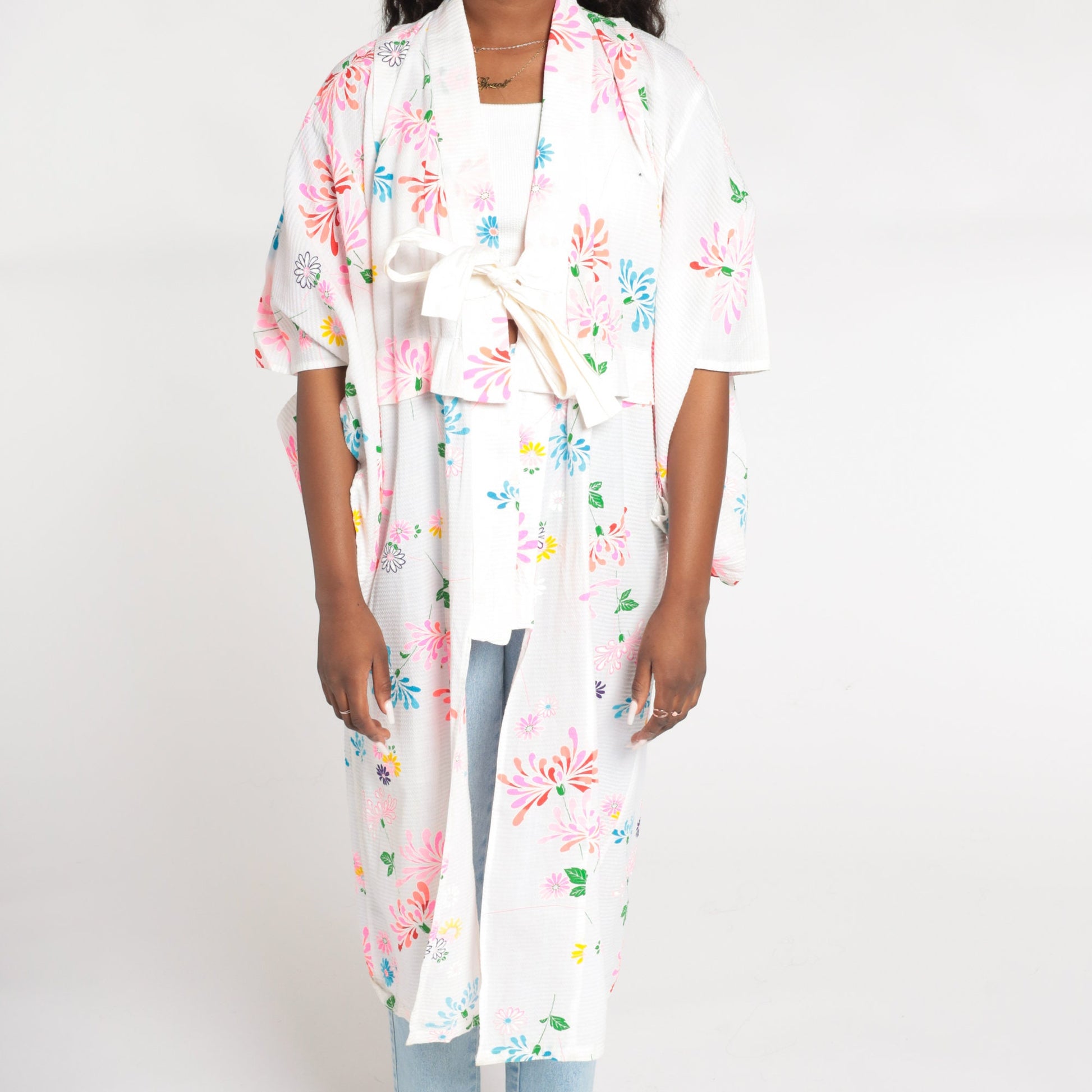 90s White Floral Kimono Robe Midi Length Tie Front Small Medium Large