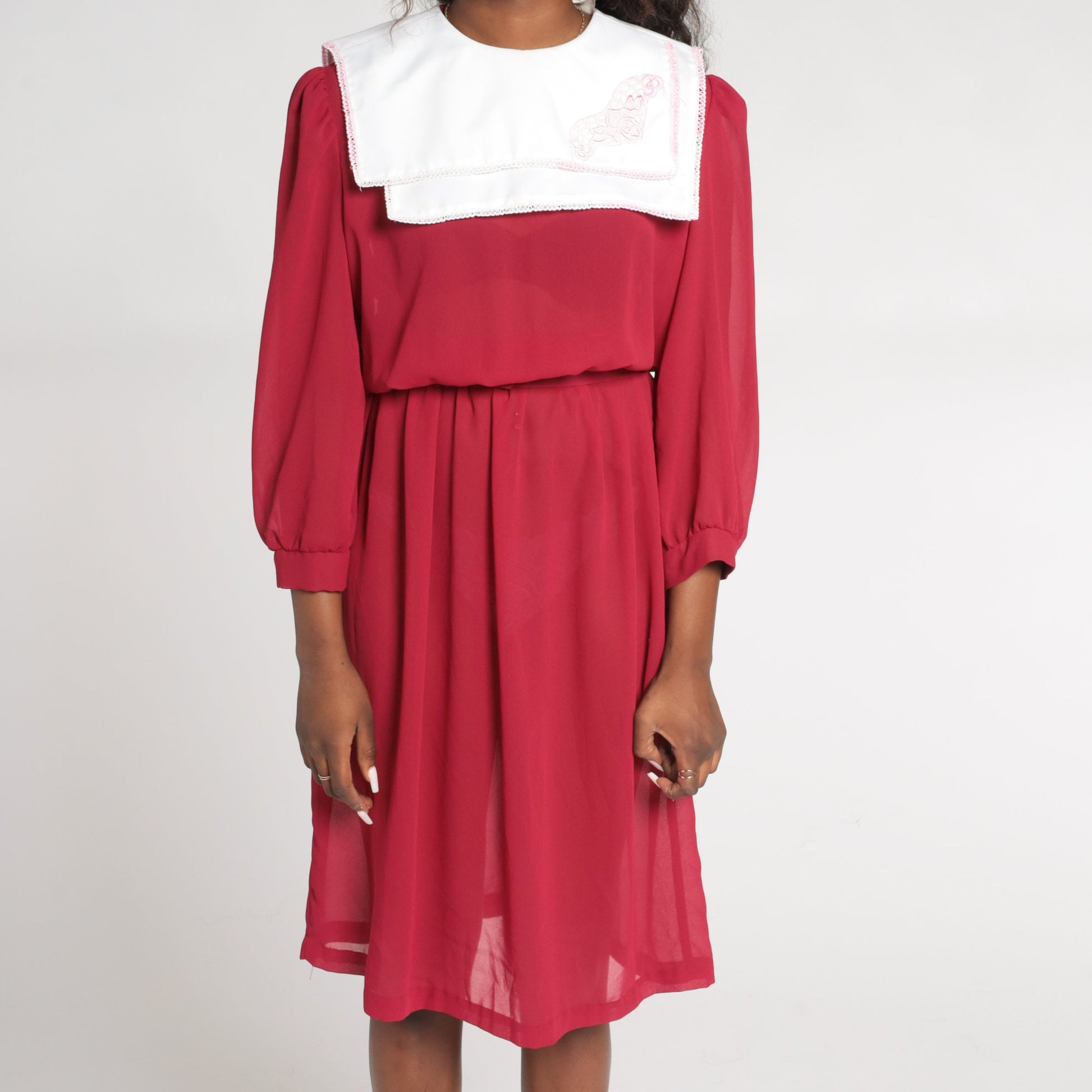 80s Red Sheer Midi Dress White Floral Embroidered Bib Puff Sleeve Small Medium