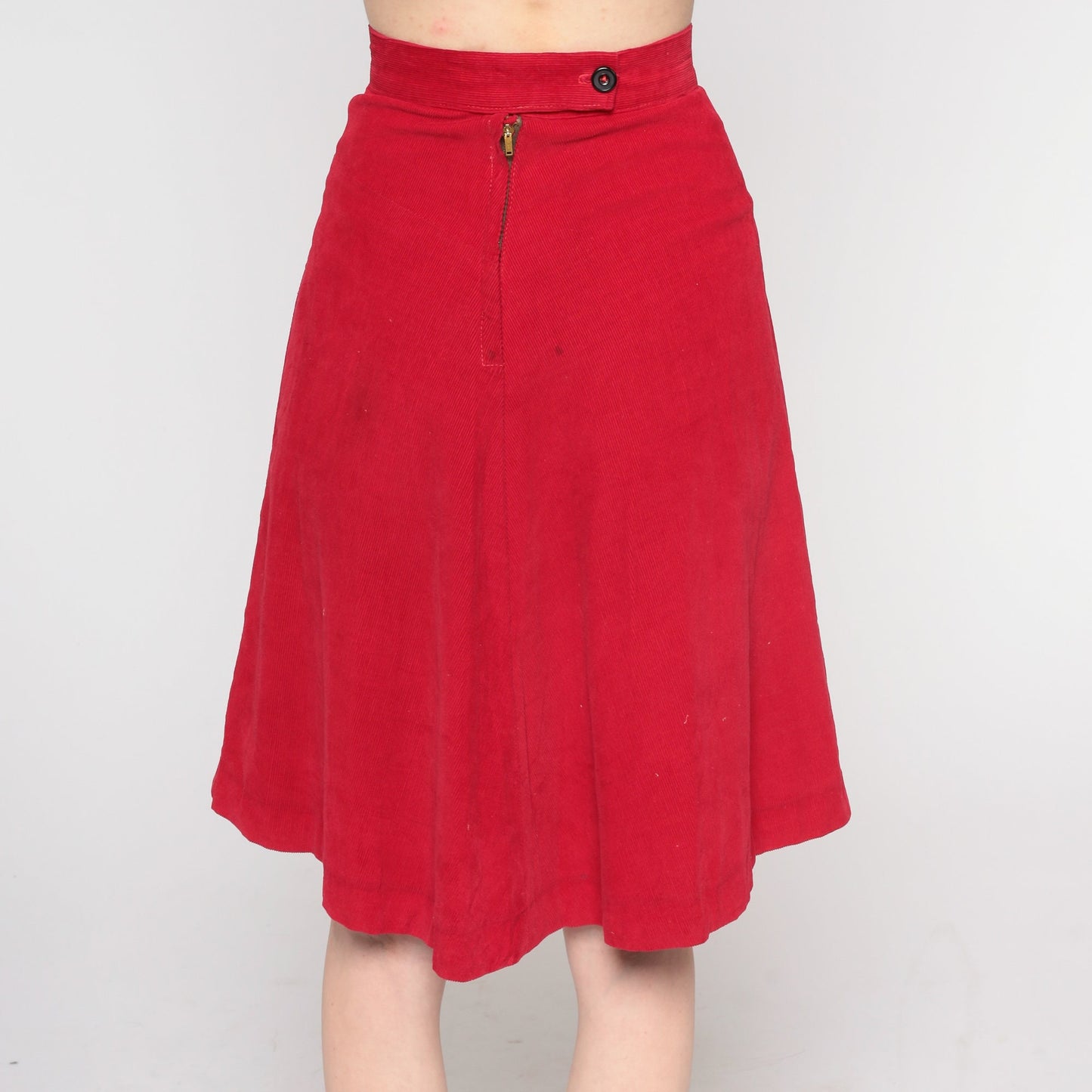 60s Red Corduroy Midi Skirt High Waisted Flared A-Line XXS