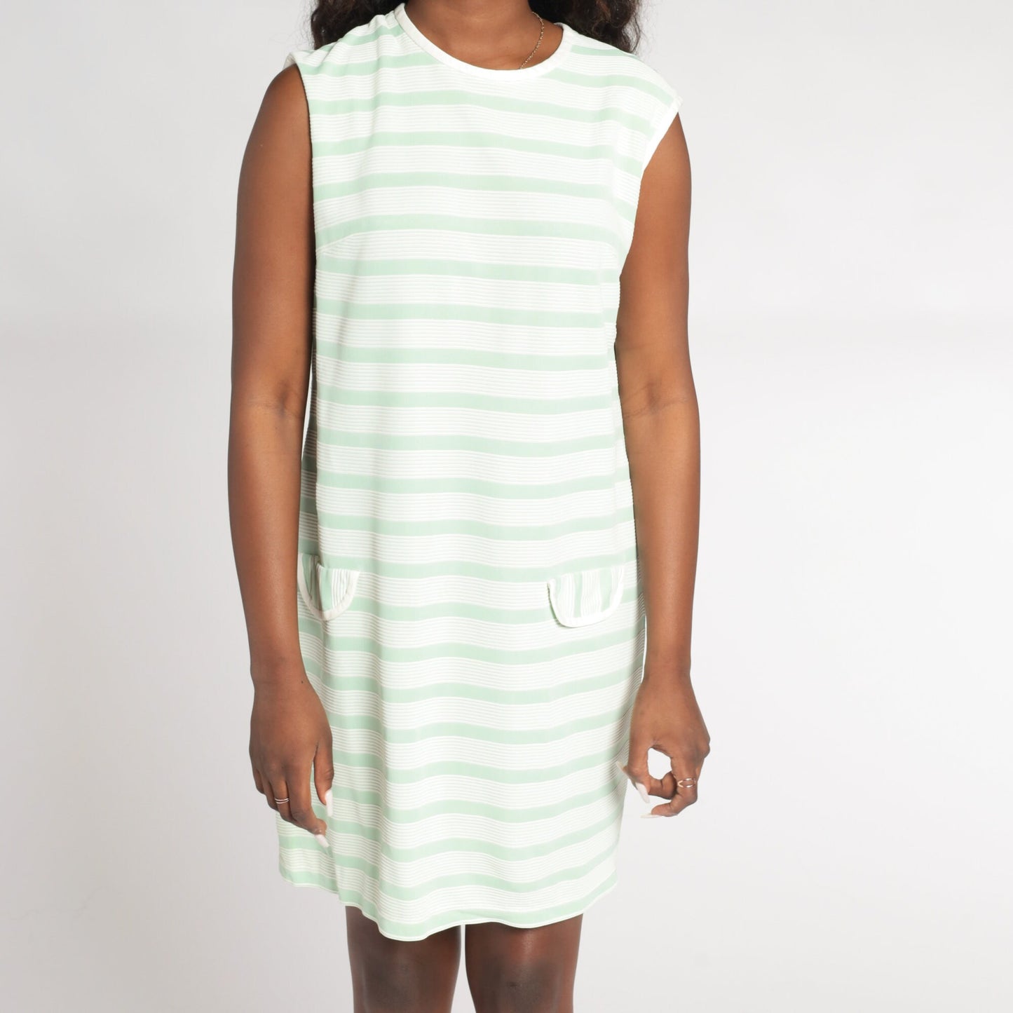 60s Striped Shift Mini Dress Mint Green White Sleeveless Medium M