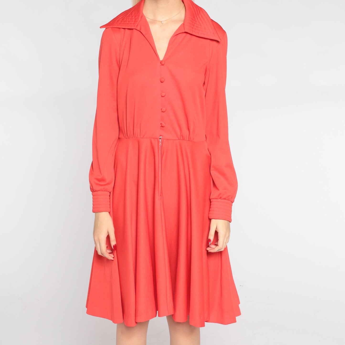 70s Red Mini Dress Dagger Collar Button-Up High Waisted Long Sleeve Medium M
