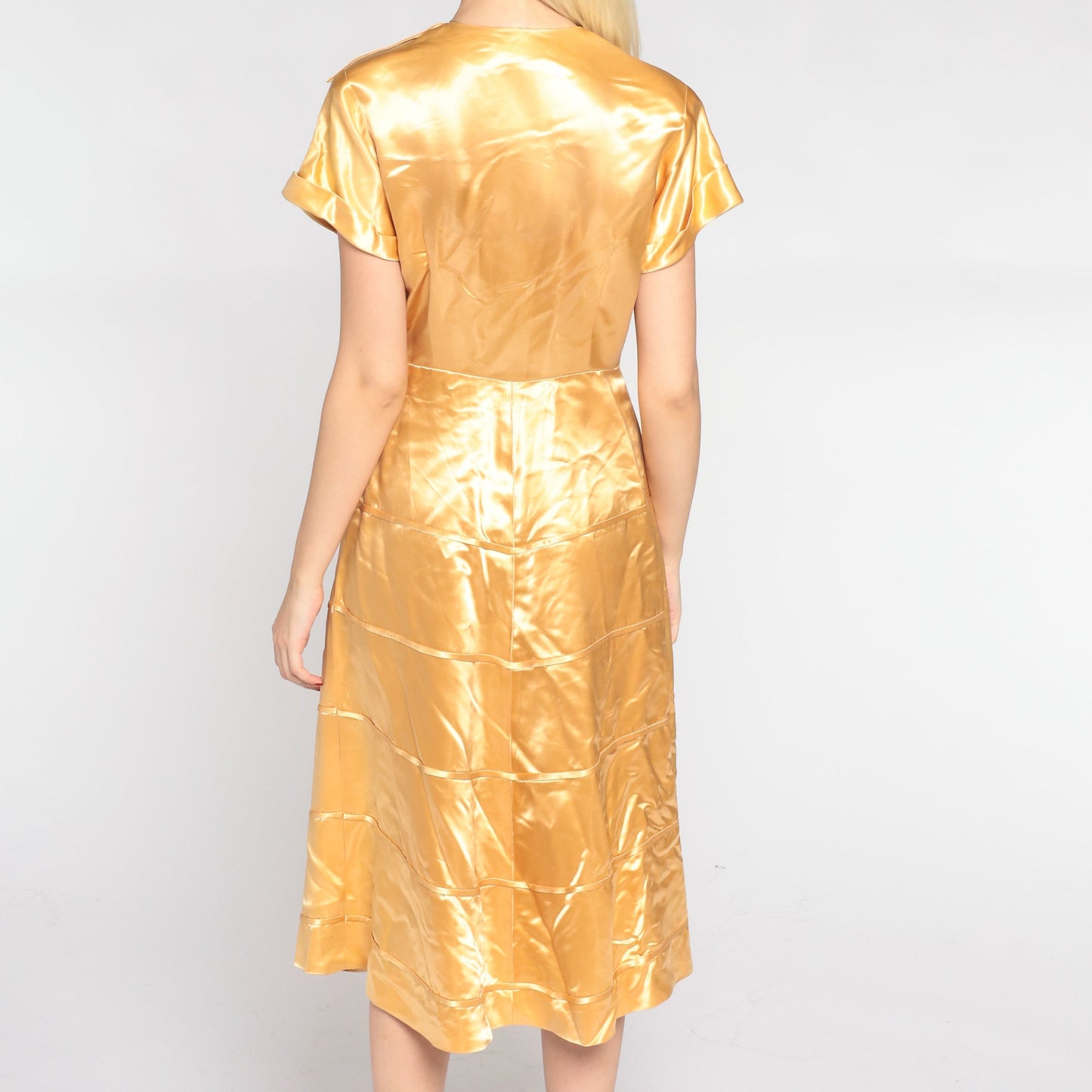 1940s Gold Silk Satin Midi Dress V-Neck Collared Short Sleeve Small S