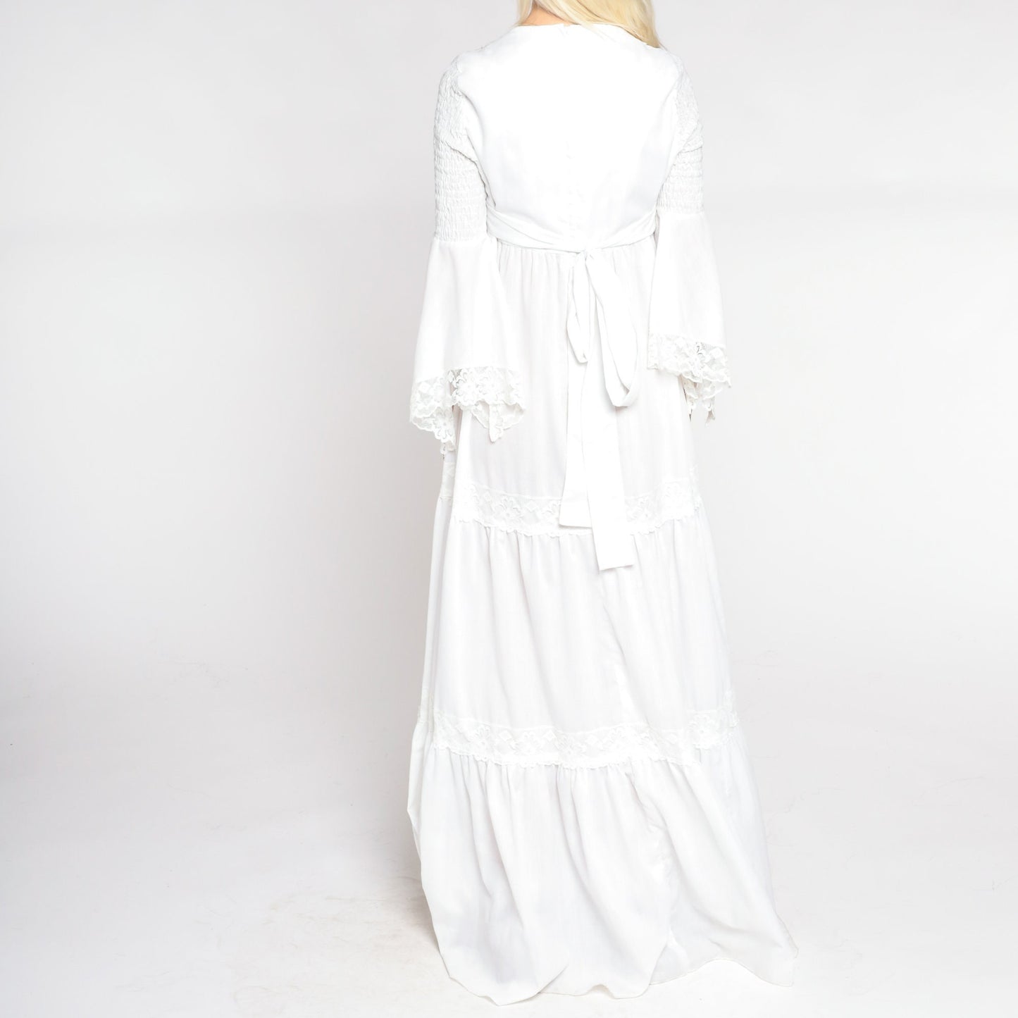 70s White Maxi Dress Angel Bell Sleeve V Neck Empire Waist Smocked Small