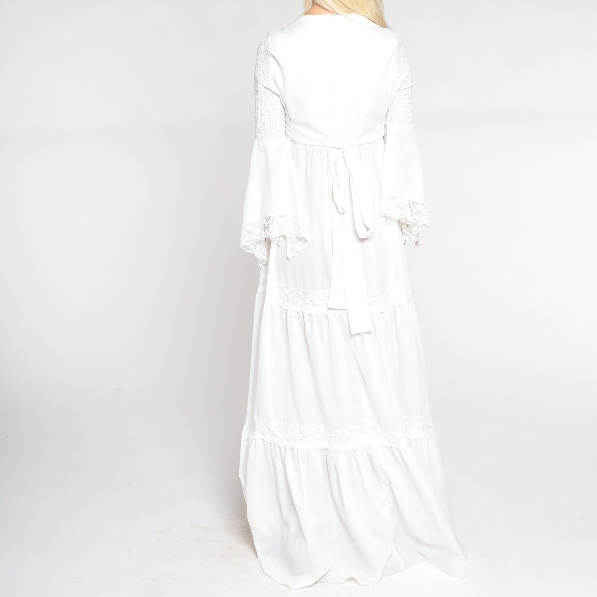 70s White Maxi Dress Angel Bell Sleeve V Neck Empire Waist Smocked Small